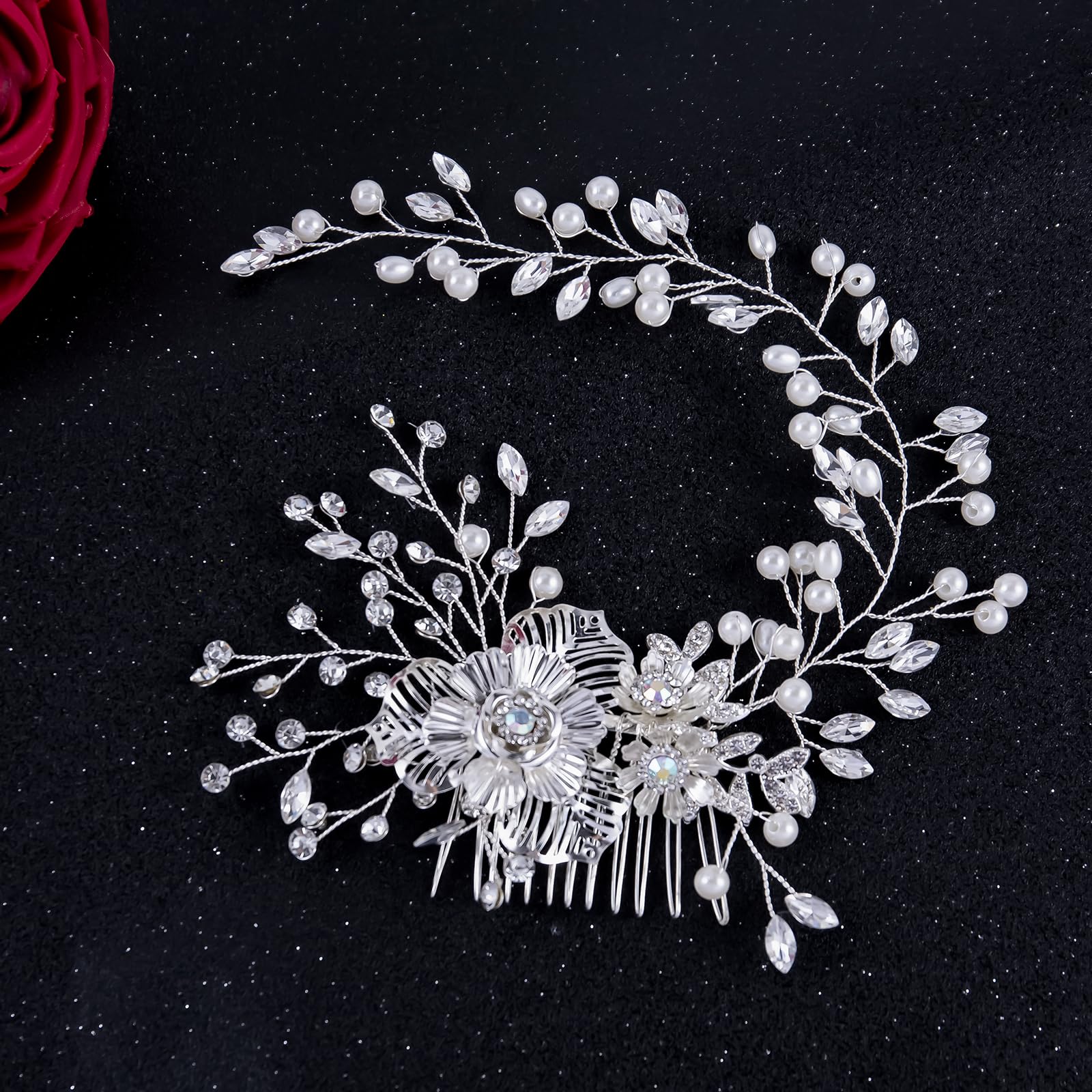 Braut-Haarkamm, Hochzeitshaarteile für Bräute, Perlen-Blumenranke, Braut-Kopfschmuck, Kristall-Haarschmuck für Brautjungfer, Silber, 1