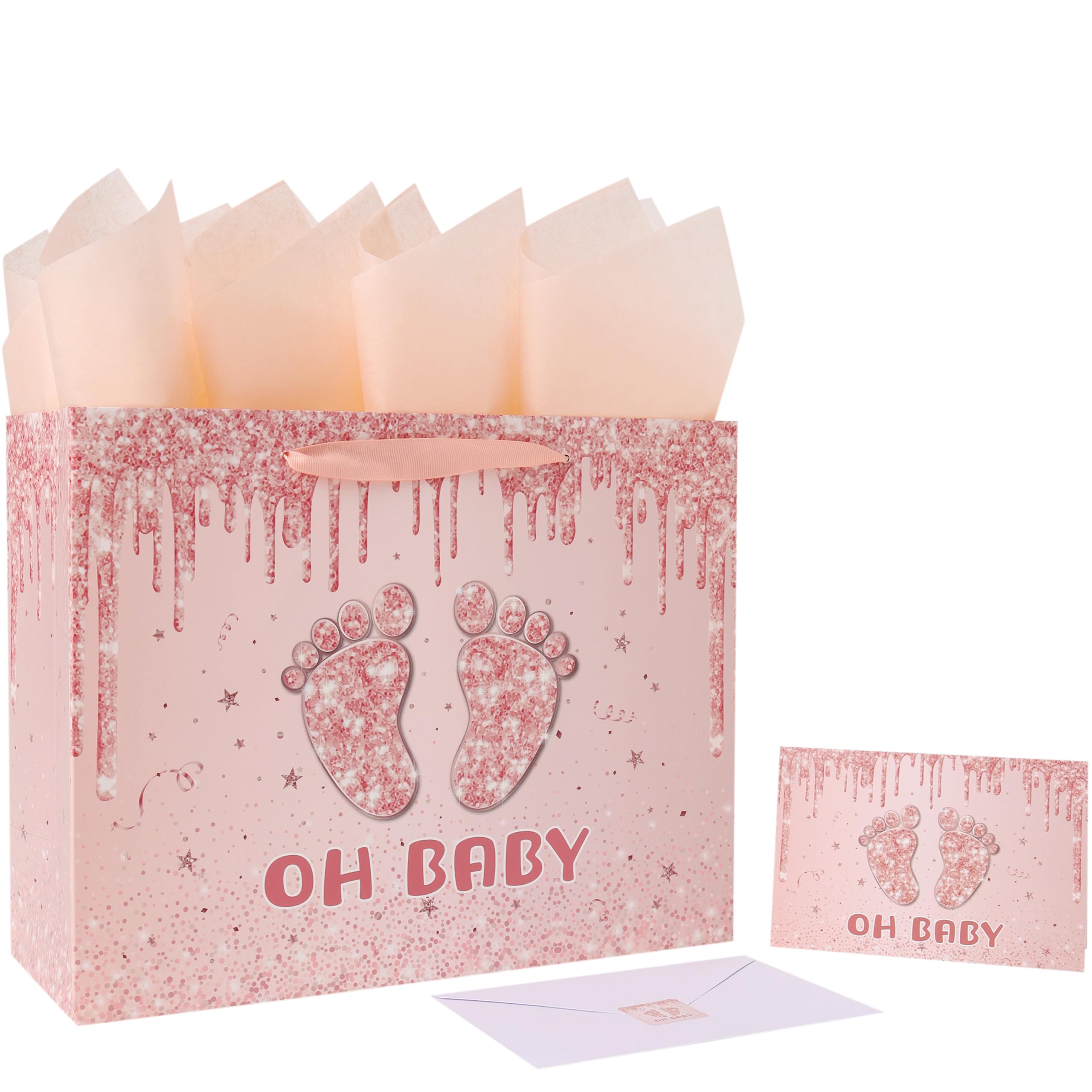 13 Large Baby Girl Gift Bag Set with Handles Greeting Card Orange Tissue Papers and Stickers for Boys