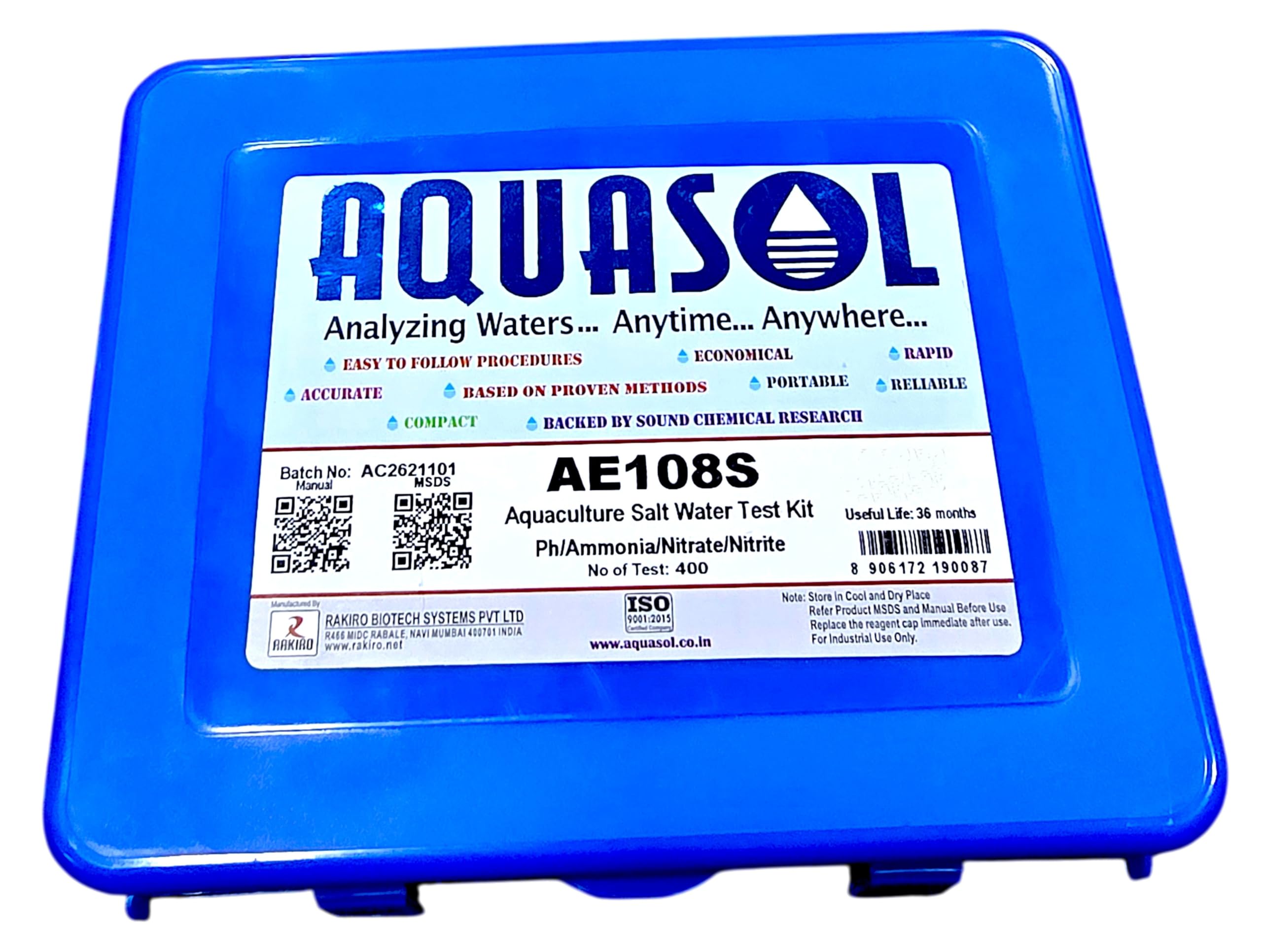 AQUASOL AE1O8S AQUACULTURE SALT WATER TEST KIT PH,AMMONIA,NITRATE,NITRITE Water Test Kit 400 Tests-image-21