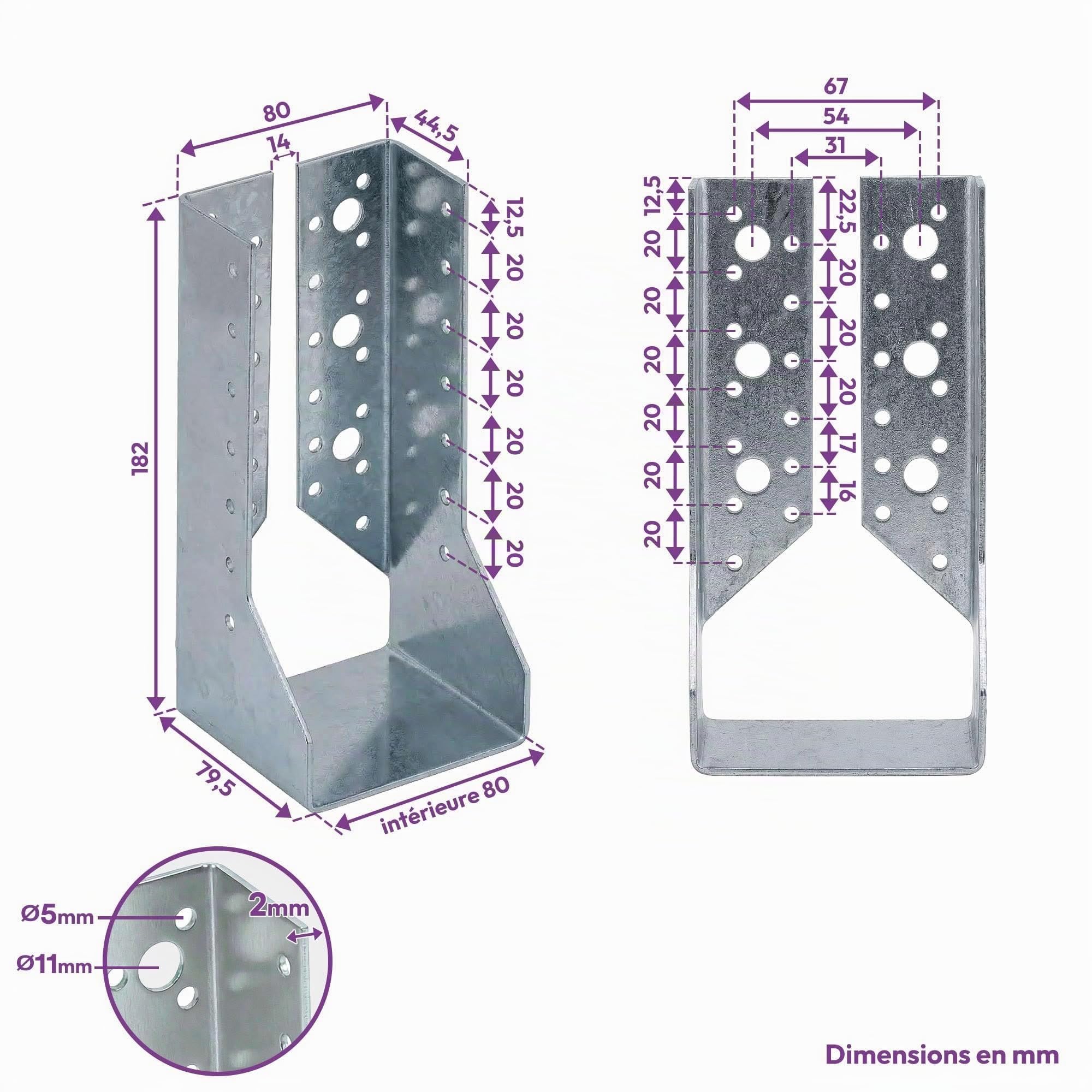 10 sabots de charpente à ailes intérieures - Larg. 80 x Ht. 182 mm - Connecteurs de poutres - Acier galva - Fabriqué en Europe