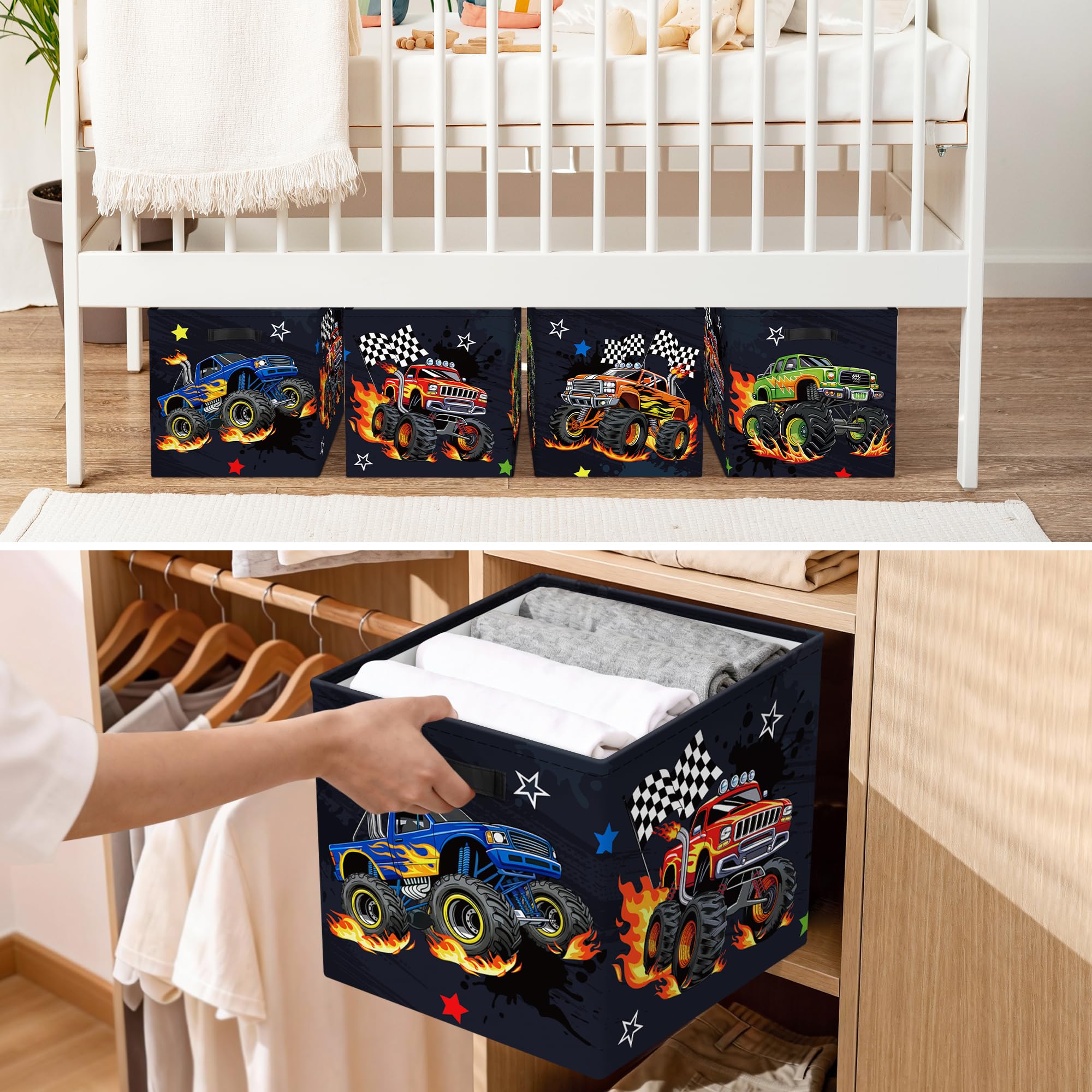 HUUMONSS 11.8" Construction Vehicles Storage Cube Organizer Set 3Pcs Clothes Storage Basket Bin for Home Cars Kid Book Toy Chest Monster Truck - Image 4