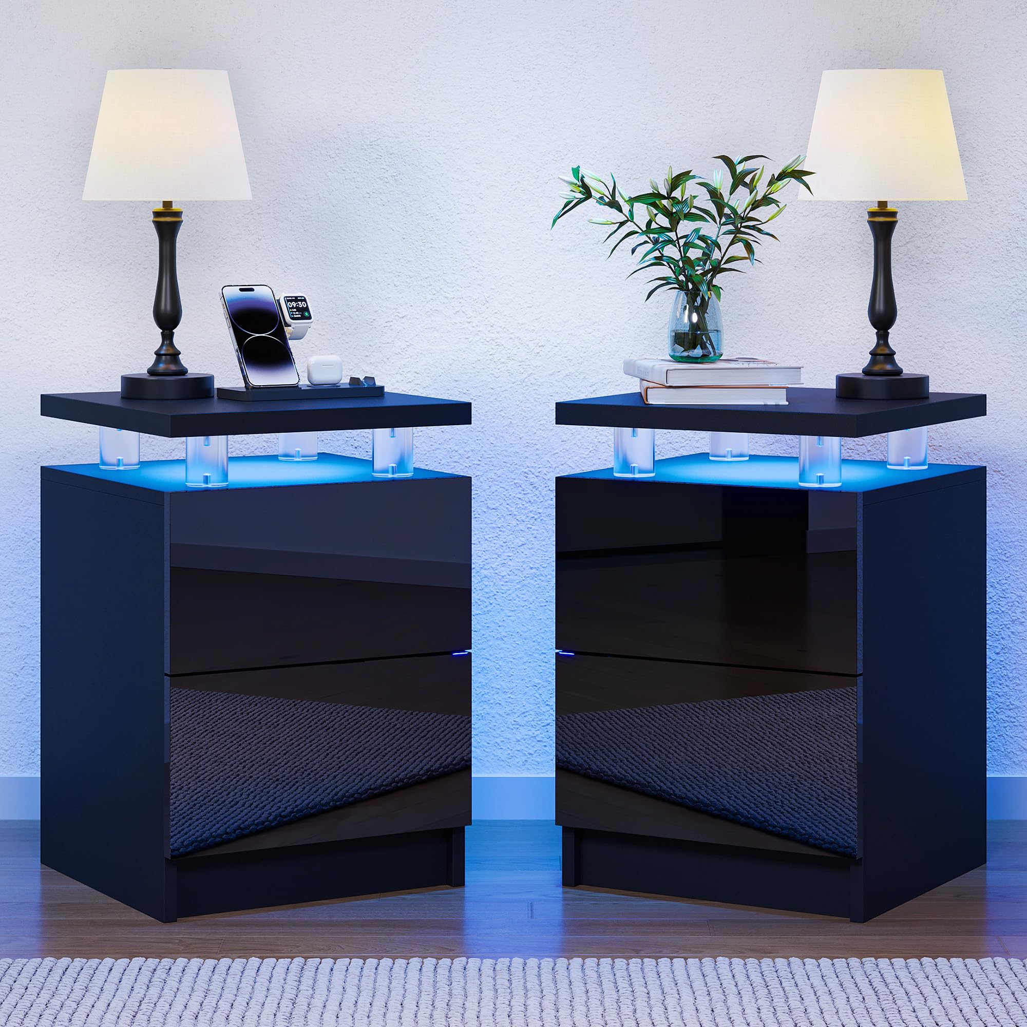 Nightstand Set of 2 with LED Lights,Nightstands with 2 Storage Drawers, Bedside Table for Bedroom,Black 15IN