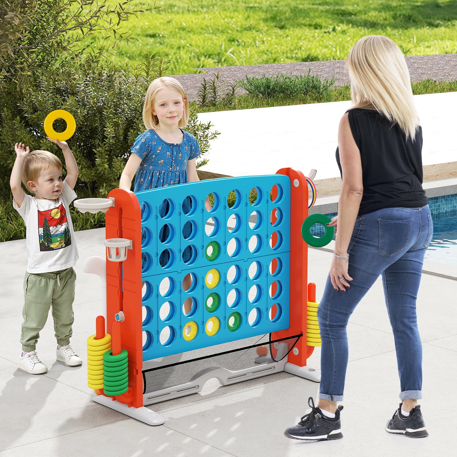 COSTWAY Juego Gigante 4 en Raya, 4 en 1 Juego de Conecta 4 Gigante con Lanzamiento de Aros, Aro de Baloncesto, Palo de Golf, Portavasos y Bolsa de Almacenamiento, 4 Alturas Ajustables (Azul)