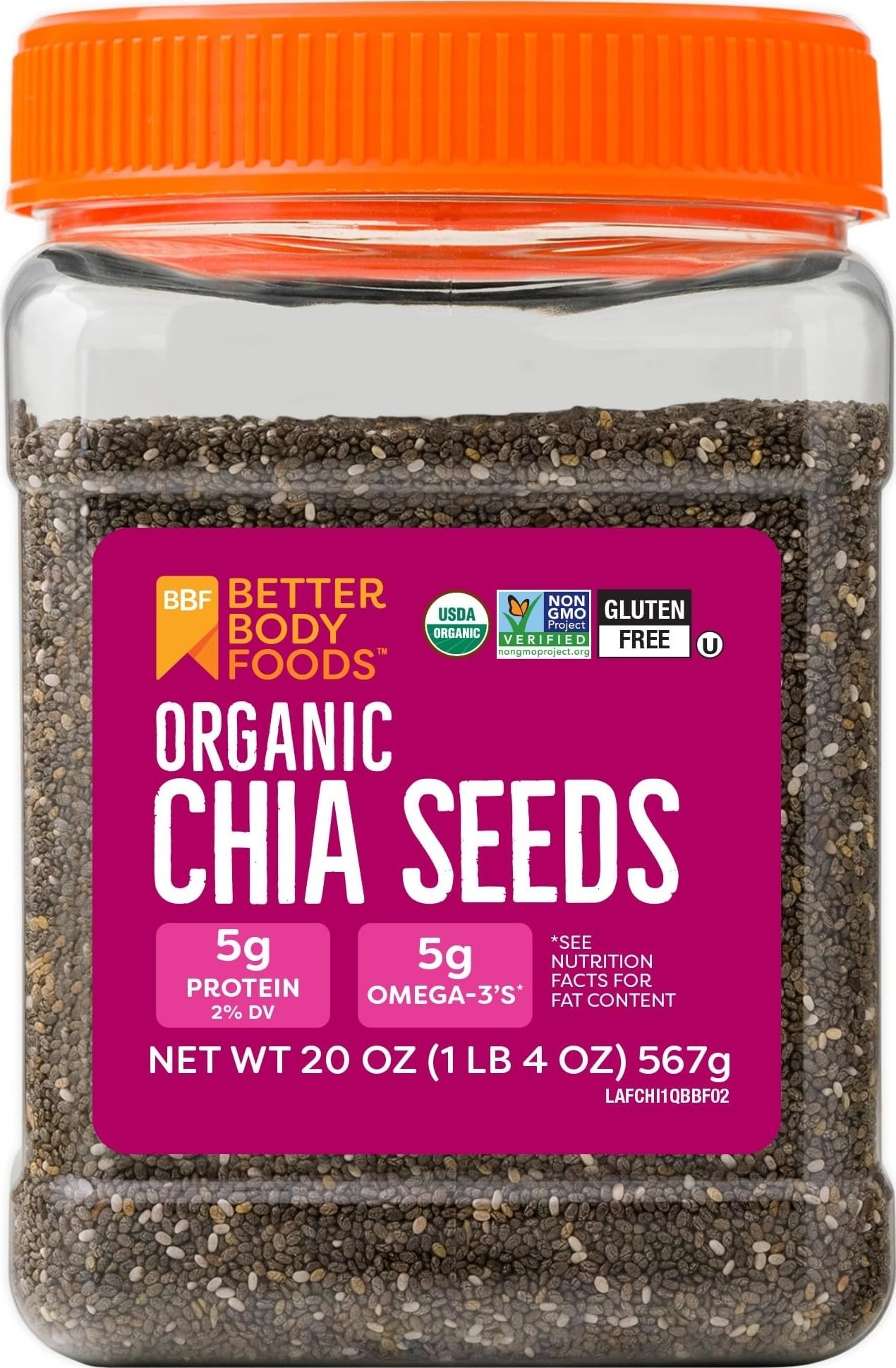 BBF Organic Chia Seeds 20 Oz, Omega-3 & Fiber, Pudding, Smoothies, Oatmeal | High Fiber Chia Seeds, Omega 3s, Plant-Based Protein, Overnight Oats, Egg Replacement for Baking, BetterBody Foods