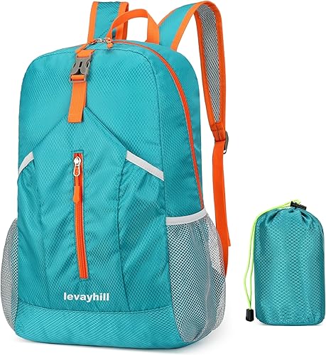 Mochila de senderismo plegable de 25L ligera, plegable, básica, bolsa plegable resistente al agua, para hombres y mujeres, Azul lago, Grande, A