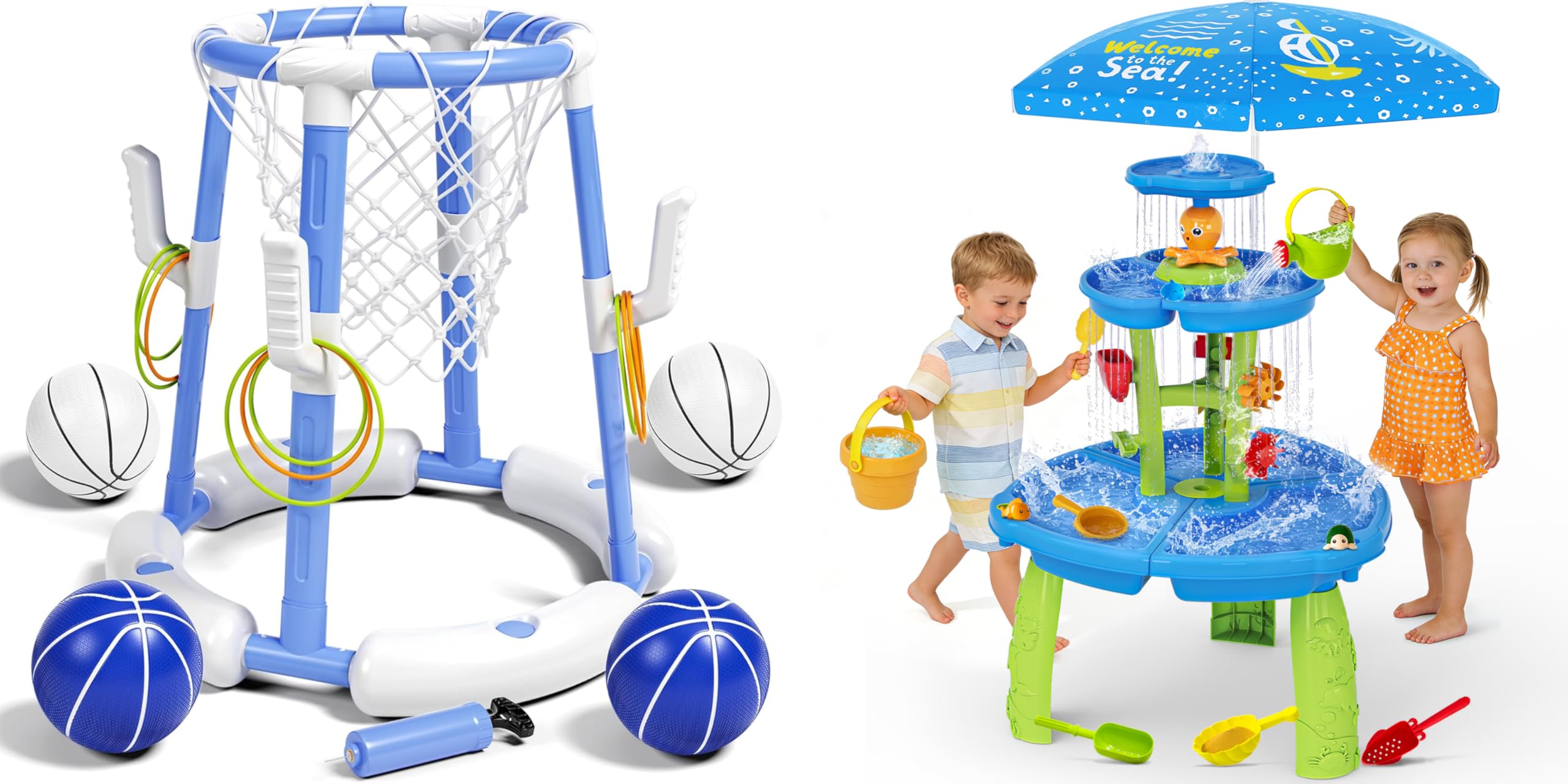 2-in-1 Floating Pool Basketball Ring Toss Game & 3-Tier Water Table, Rain Showers Splash Pond Water Play Table for Toddlers 3+, Floating Pool Toy with Balls, Rings & Pump, Summer Outdoor Water Activit