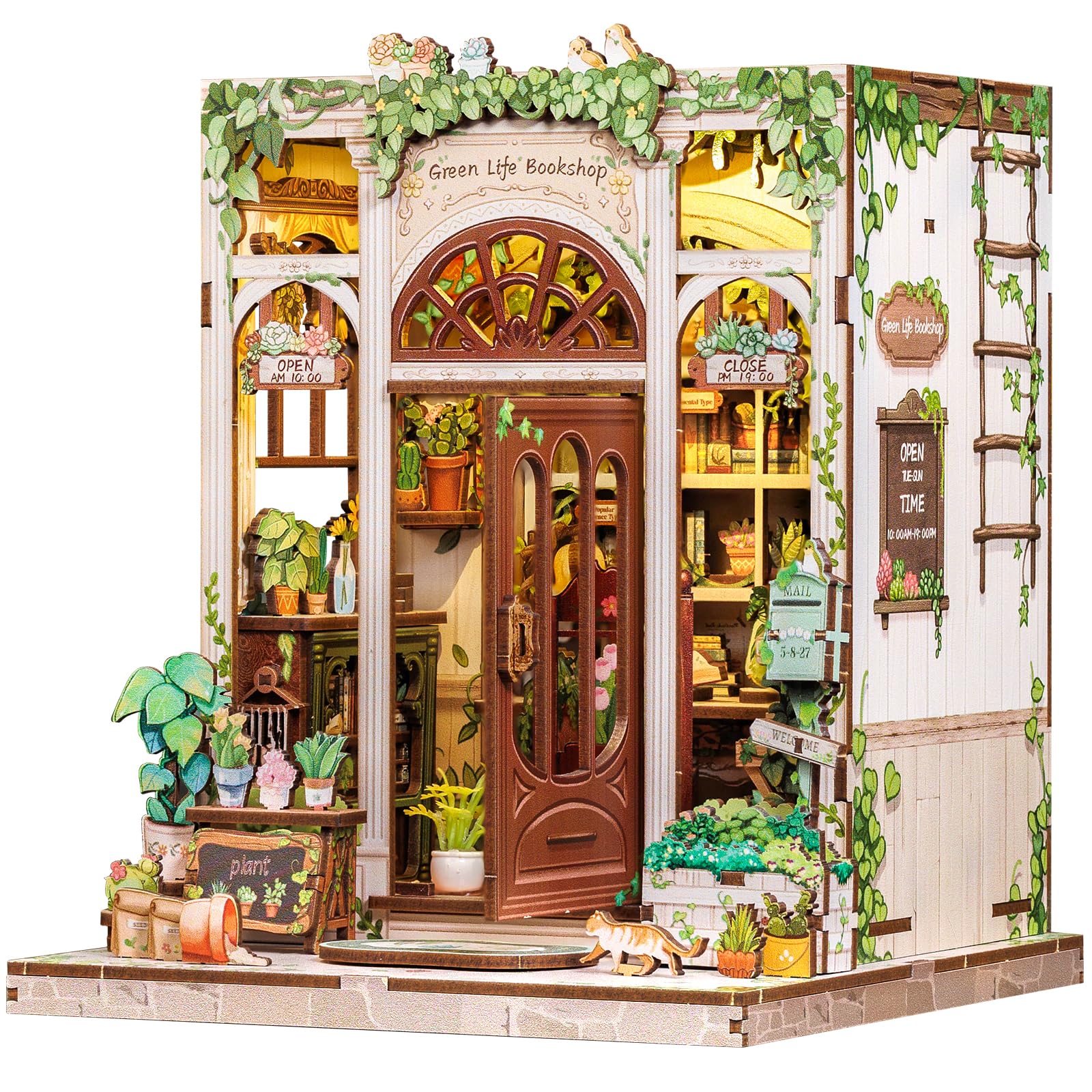Fsolis Book Nook, 3D Wooden Puzzles Book Nook Kit, Diy Miniature House Kits for Adults Bookshelf Decor Gifts (Green Life Bookshop)