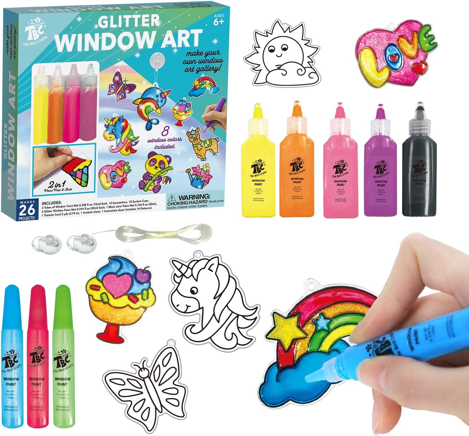 Happy Hues Diy Glitter Window Art For Kids- Stained Glass Effect Acrylic Arts & Crafts Kit, 12 Suncatchers- 8 Peelable Window Paints, Make Your Own Window Art Gallery Age 6+, Multicolor