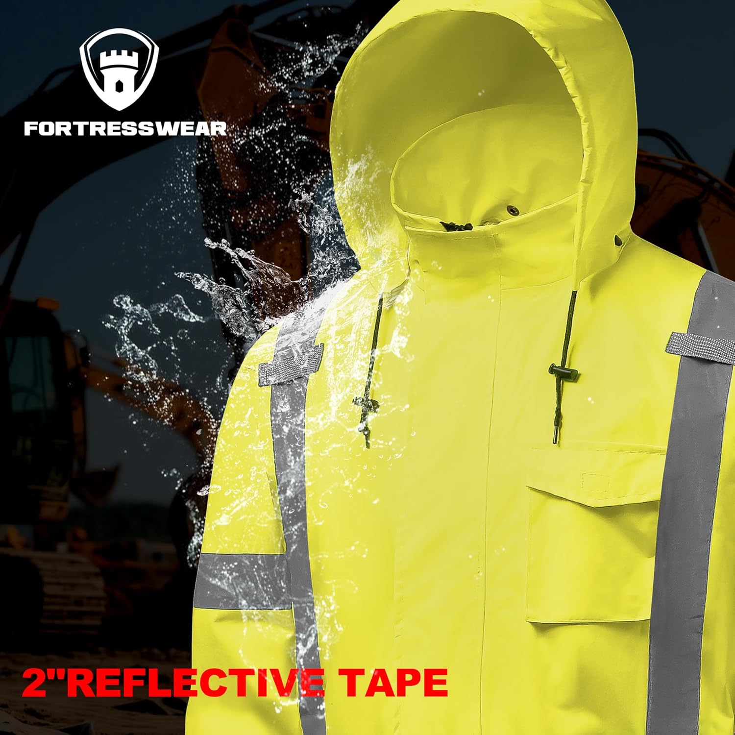 Hi Vis Rain Jackets for Men Reflective Waterproof High Visibility Class 3 Safety Rain Coat with Black Bottom