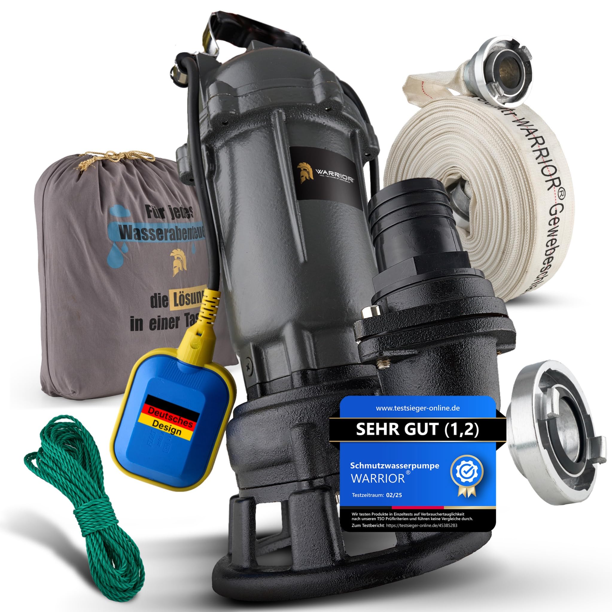 WARRIOR® Schlammpumpe [TESTSIEGER] mit HydroVortex X7 Schneidwerk, Fäkalienpumpe 1500W + 20M - 2"Gewebeschlauch, inkl. Tragetasche, Schmutzwasserpumpe mit Schlauch und Häcksler