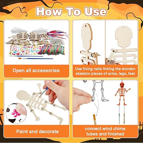 Miniatura 3 de Fennoral Paquete de 9 carillones de viento de esqueleto para niños, para hacer tu propia carillón de viento de esqueleto, adornos colgantes de