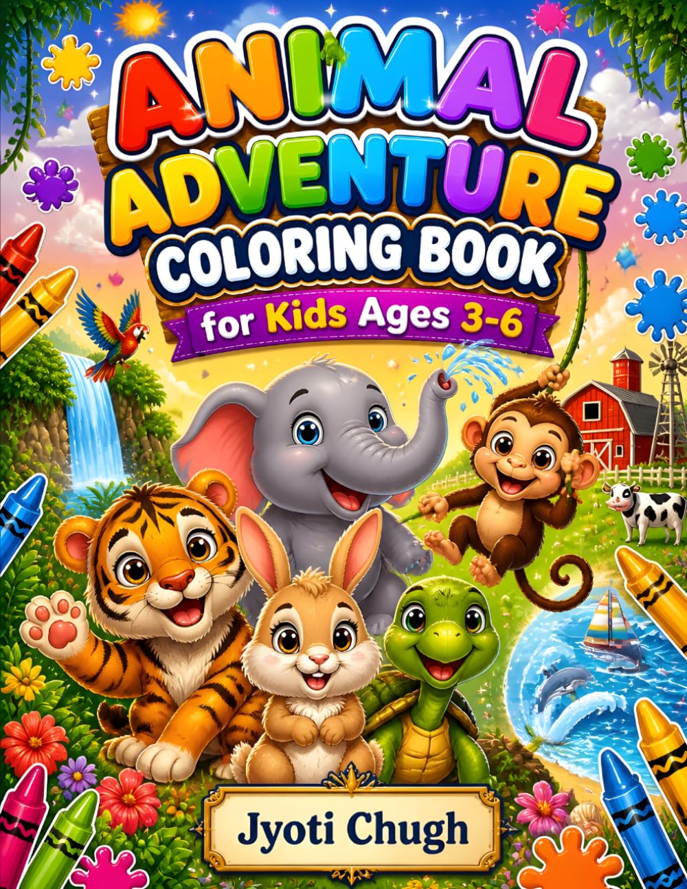Animal Adventure Coloring Book: Cute Jungle, Farm & Ocean Animals for Kids Ages 3-6