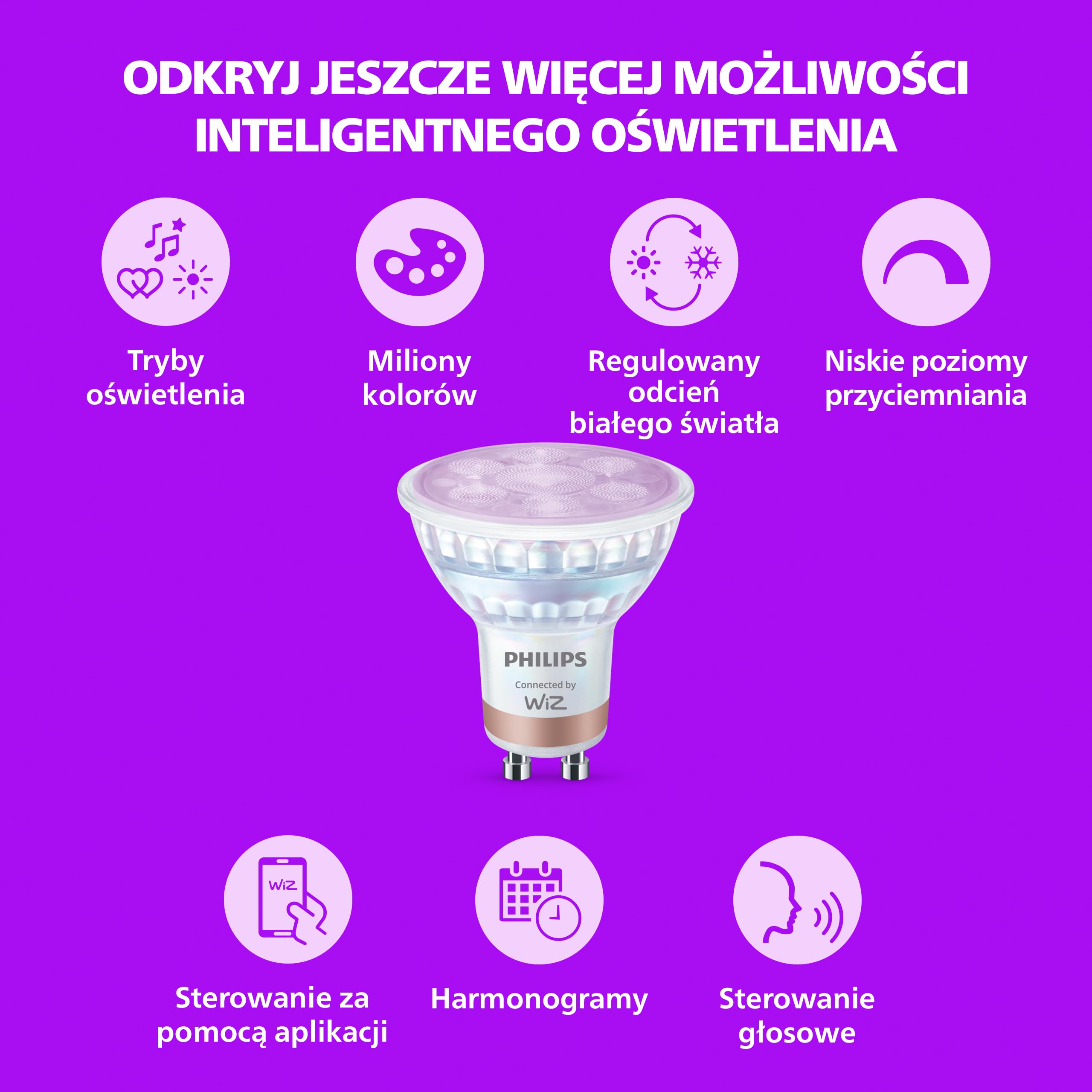 Smart RGB GU10 Szklana Żarówka LED, 3 szt., B22, 345 lm, Kolorowe i Regulowane Białe 2200–6500 K, Mocne Przyciemnianie, Connected by WiZ, Alexa, Google Home, Apple Home