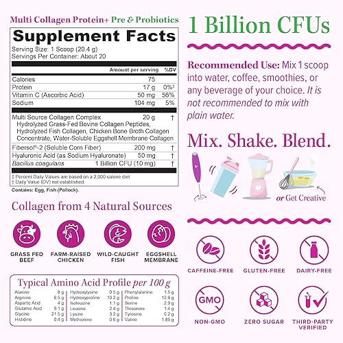 Miniatura 2 de Vitauthority Proteína de colágeno múltiple + prebióticos y probióticos sin sabor 21.59 oz (20 SRV)