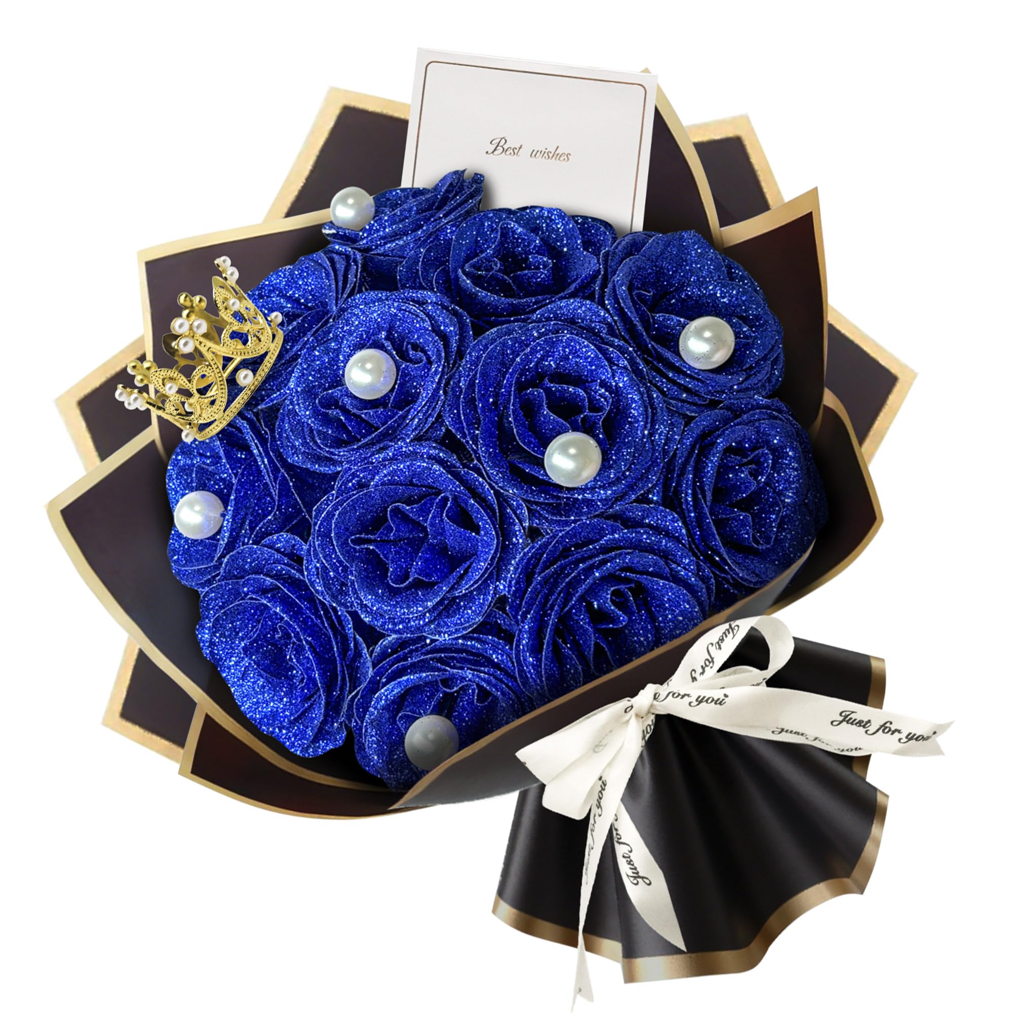 Kit bouquet de fleurs artificielles : 12 roses bleues à paillettes avec perles de prestige
