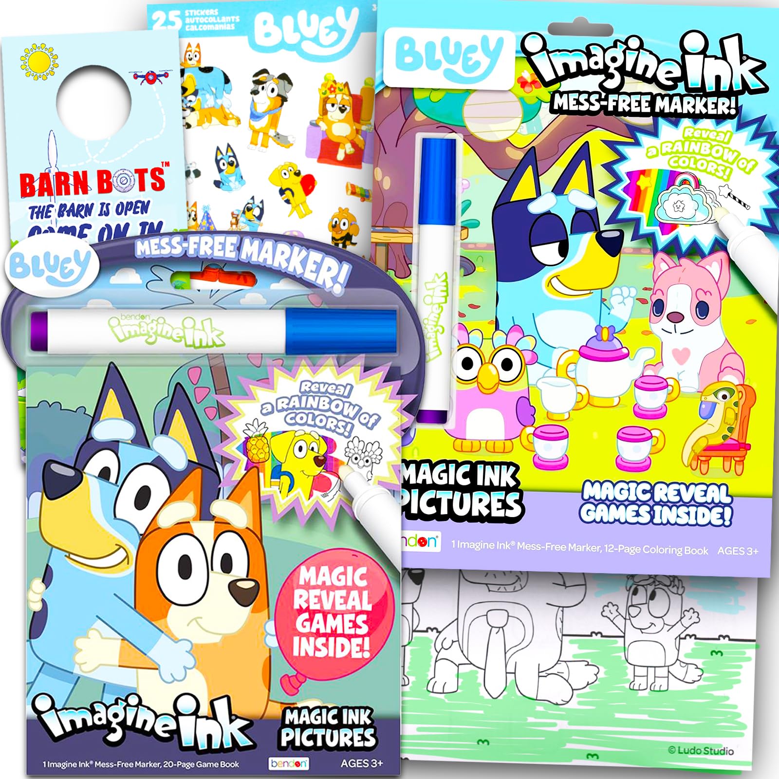 Disney Bluey Magic Ink Coloring Book Set Kids Toddlers - Bundle with 2 Bluey Imagine Ink Coloring Books with Invisible Ink Pens, Stickers and Door Hanger (Bluey Activity Set)