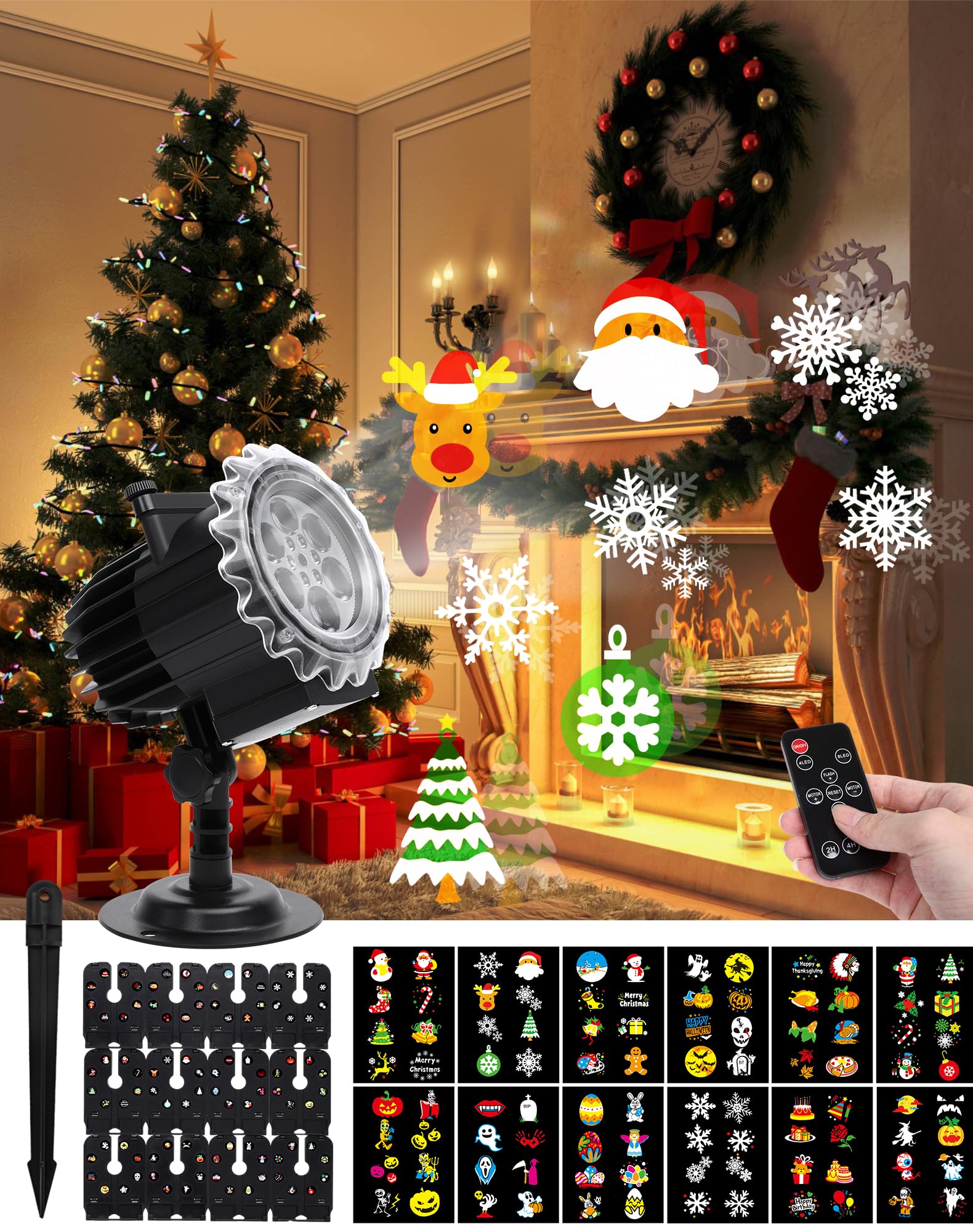 Projektor Weihnachten, LED Projektor Weihnachten Aussen Halloween Outdoor Schneeflocken Projektionslampe Effektlicht 12 Muster mit Fernbedienung für Party Deko