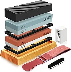 HMPLL Conjunto de pedras de afiar facas, amolar profissional 4 grãos laterais 400/1000 3000/8000, conjunto de pedras de amolar inclui base antiderrapante, estribo de couro, pedra de achatamento e guia