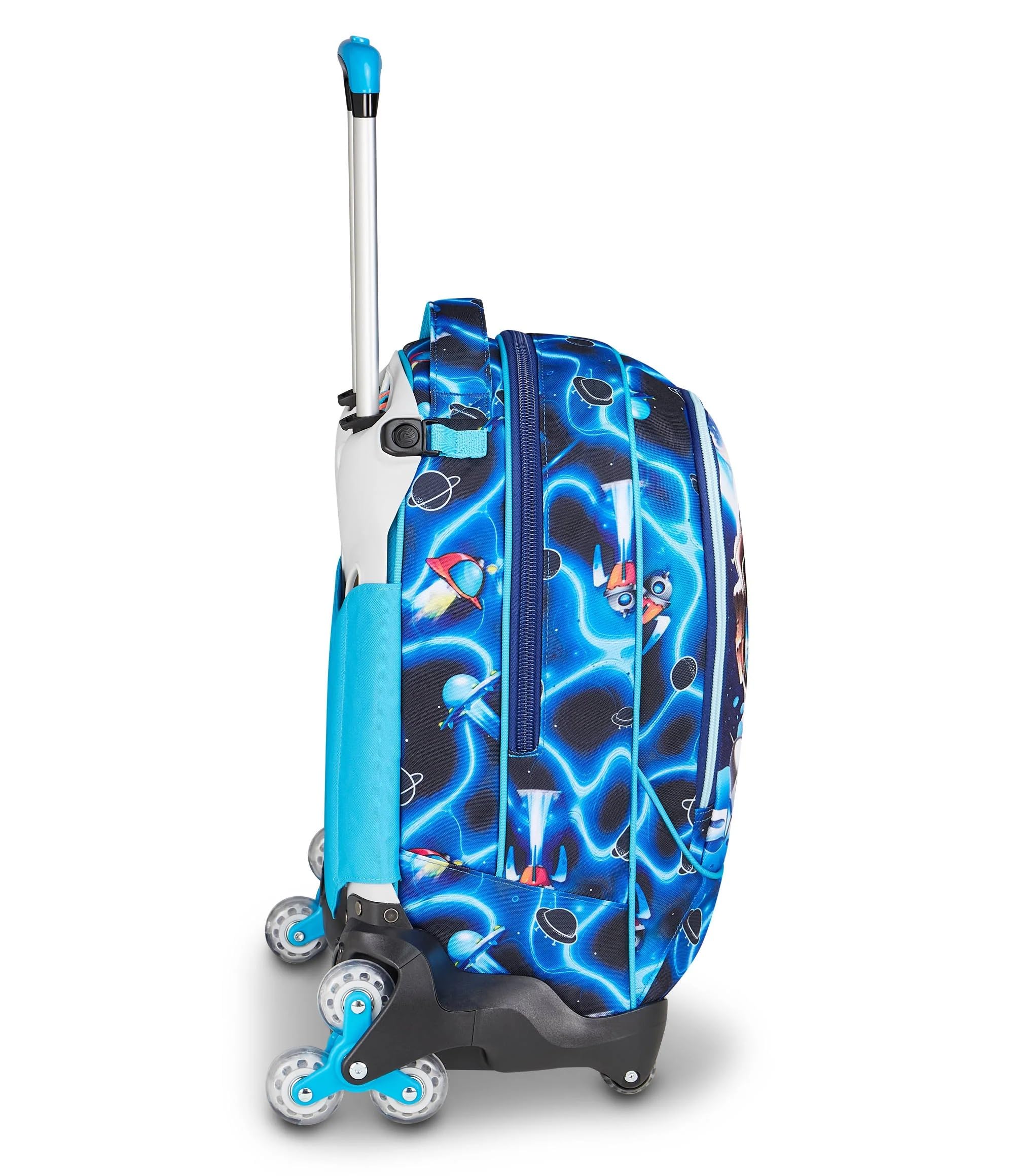 Trolley Scuola primaria Seven Sj Boy, 8 Ruote con zaino staccabile - Space Led Boy Astronauta, 3 in 1 per Bambino + Astuccio 3 zip con cancelleria + 7 penne a scatto e portachiave fischietto