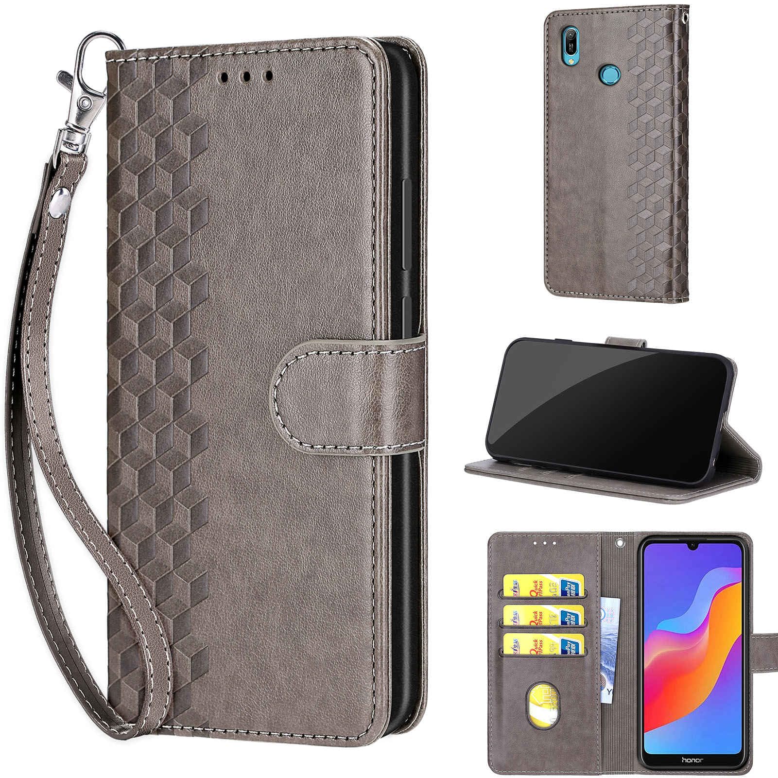 – for Huawei Y6 2019 / Honor 8a Case, Embossed Premium PU Leather Folio Flip Notebook Wallet Cover Compatible with Huawei Y6 2019 / Honor 8a Phone Case [Kickstand][Card Slots], Gray