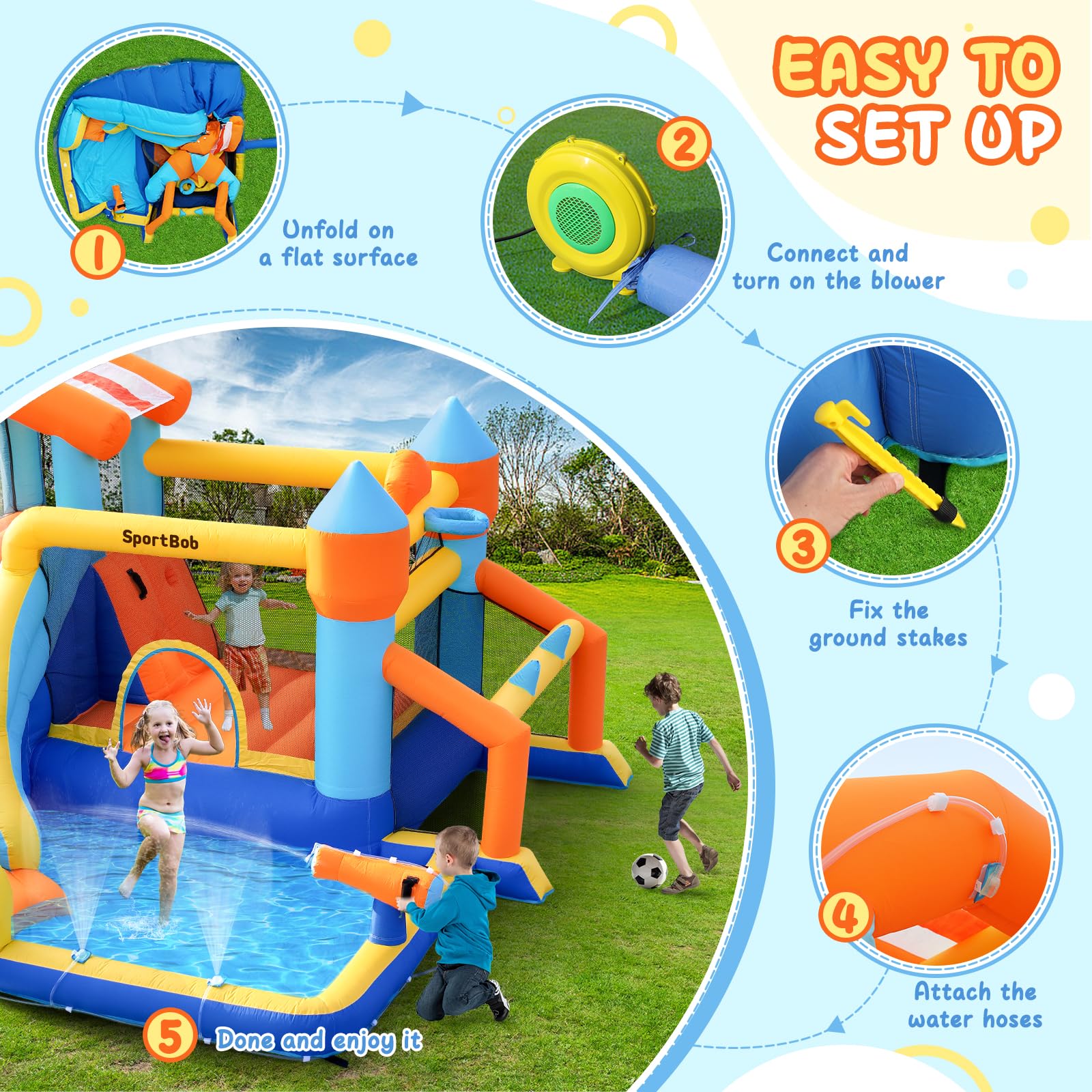 Gonfiabile per Bambini da Esterno e Interno, Castello Gonfiabile per Bambini con Scivolo Gonfiabile, Porta da Calcio, Cannone Acqua, Canestro Basket, Gioco degli Anelli per Giardino