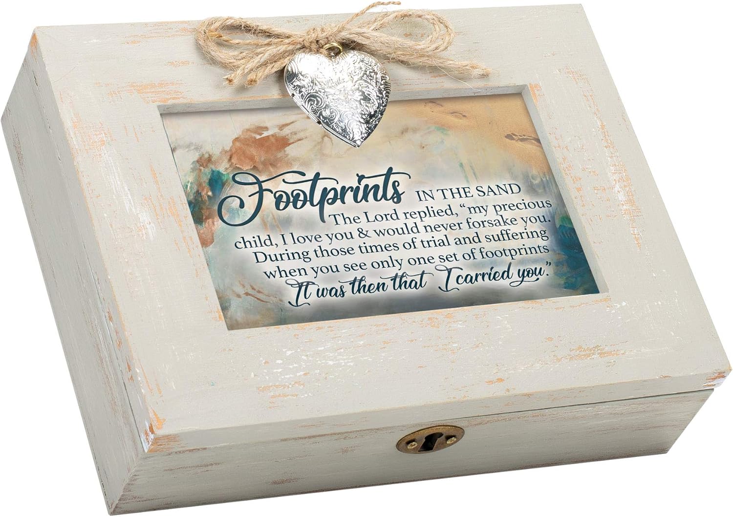 Cottage Garden Footprints in The Sand Inspirational Wood Distressed Locket Music Box Plays How Great Thou Art