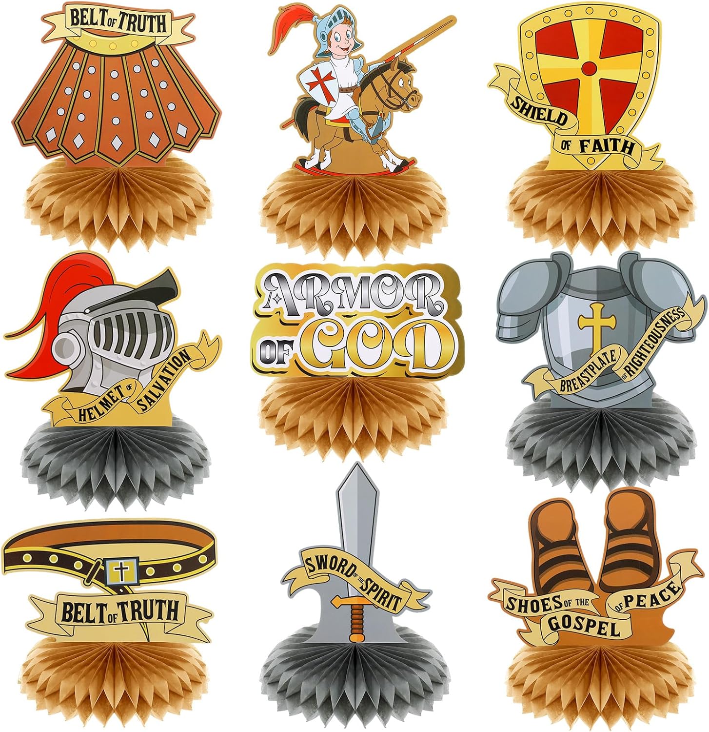 Jetec 9 Pcs Armor of God Honeycomb Centerpieces Bible Verse Religious Themed Party Decorations 3D Armor Knight Medieval Table Decor for Table Party Supplies