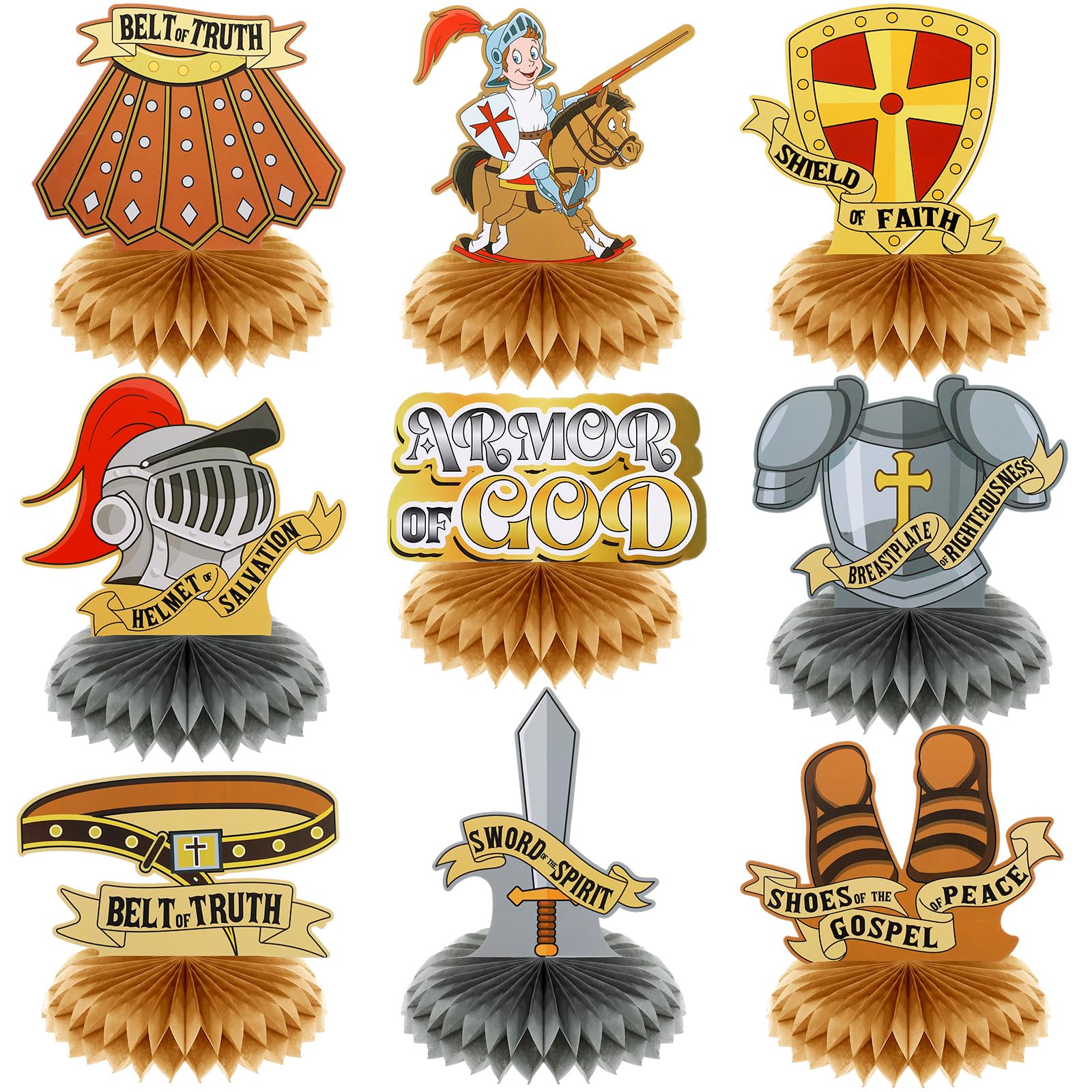 Jetec 9 Pcs Armor of God Honeycomb Centerpieces Bible Verse Religious Themed Party Decorations 3D Armor Knight Medieval Table Decor for Table Party Supplies