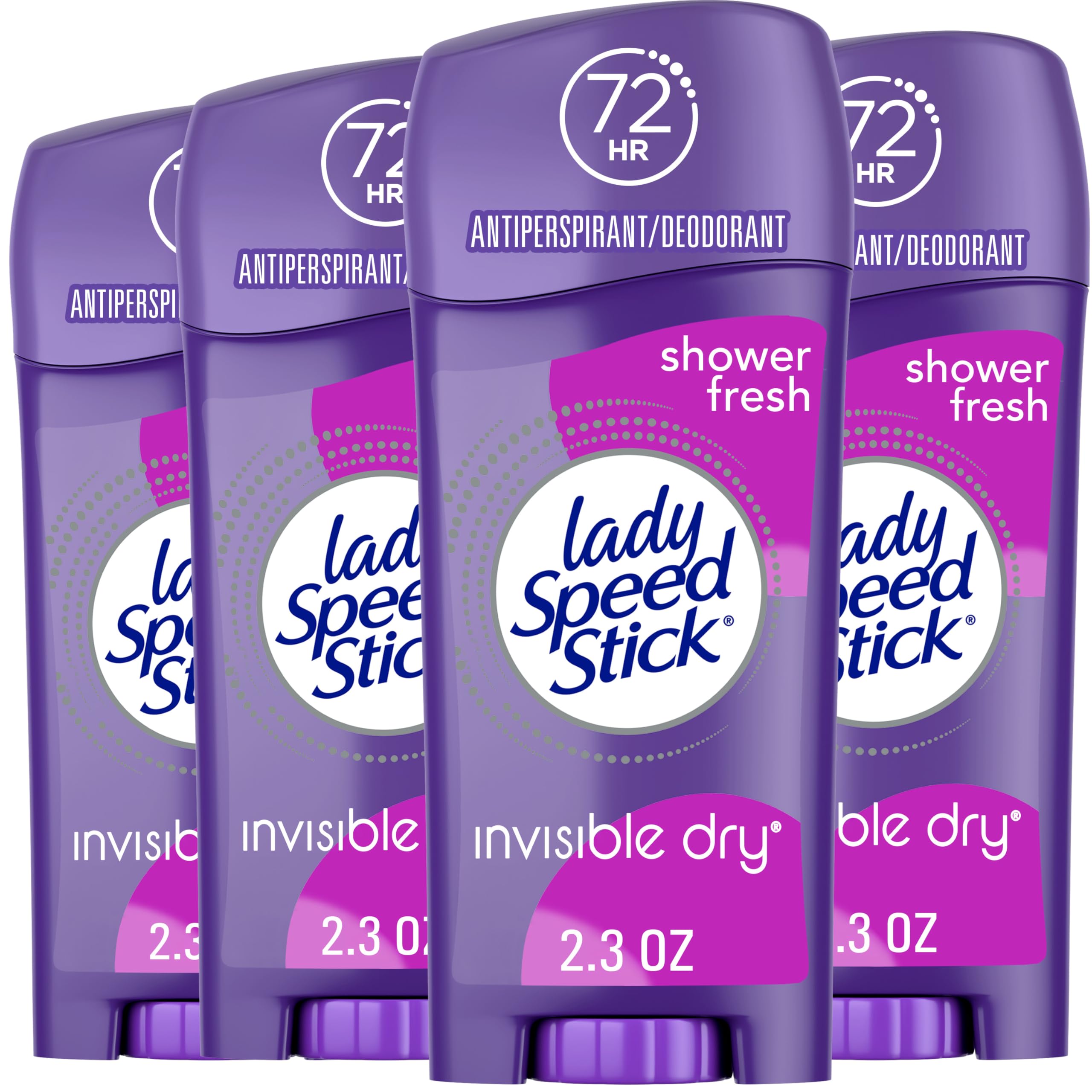 Lady Speed Stick Antiperspirant Deodorant for Women, 72 HR Sweat & Odor Protection, Invisible Dry, Shower Fresh Scent, 2.3 oz Stick (4 Pack)