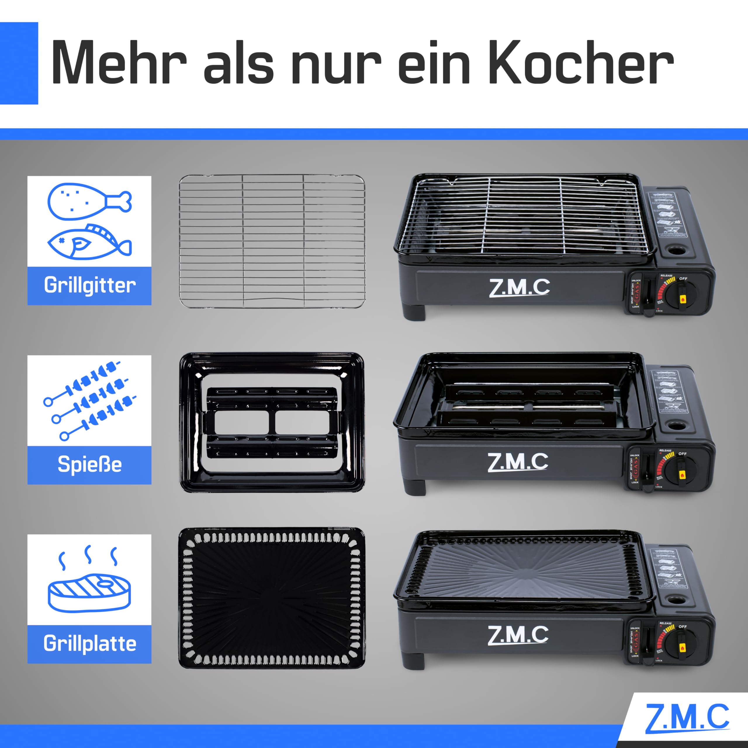 Z.M.C Réchaud de camping et grille à gaz 2 en 1, inclut accessoires pour barbecue et mallette + 12 cartouches de gaz MSF-1a de 227 g, réchaud à gaz de 2,2 kW avec connexion LPG pour camping