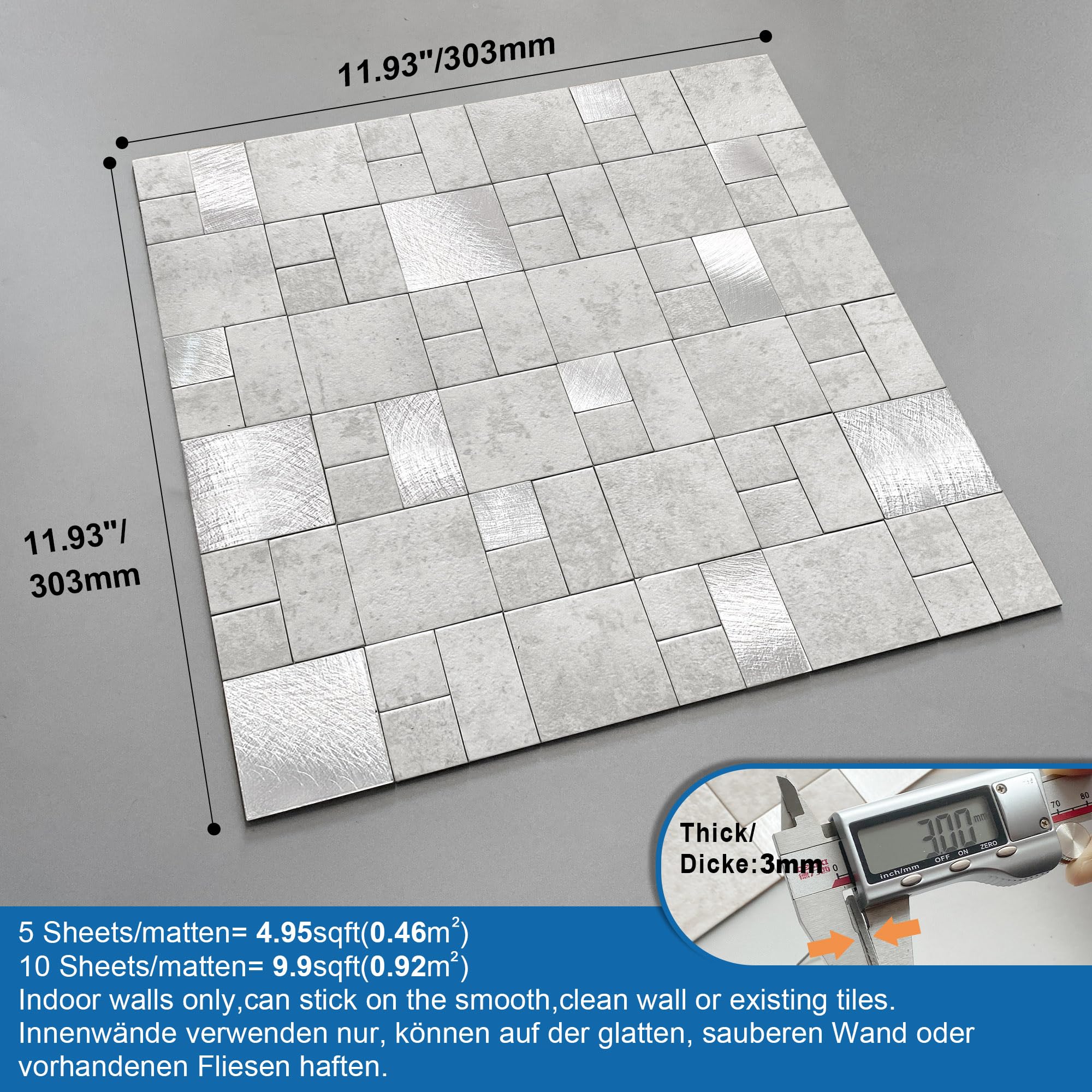 MOFIT Pannello Decorativo Mosaico Marmo Adesive Cucina Grigio 10pezzi