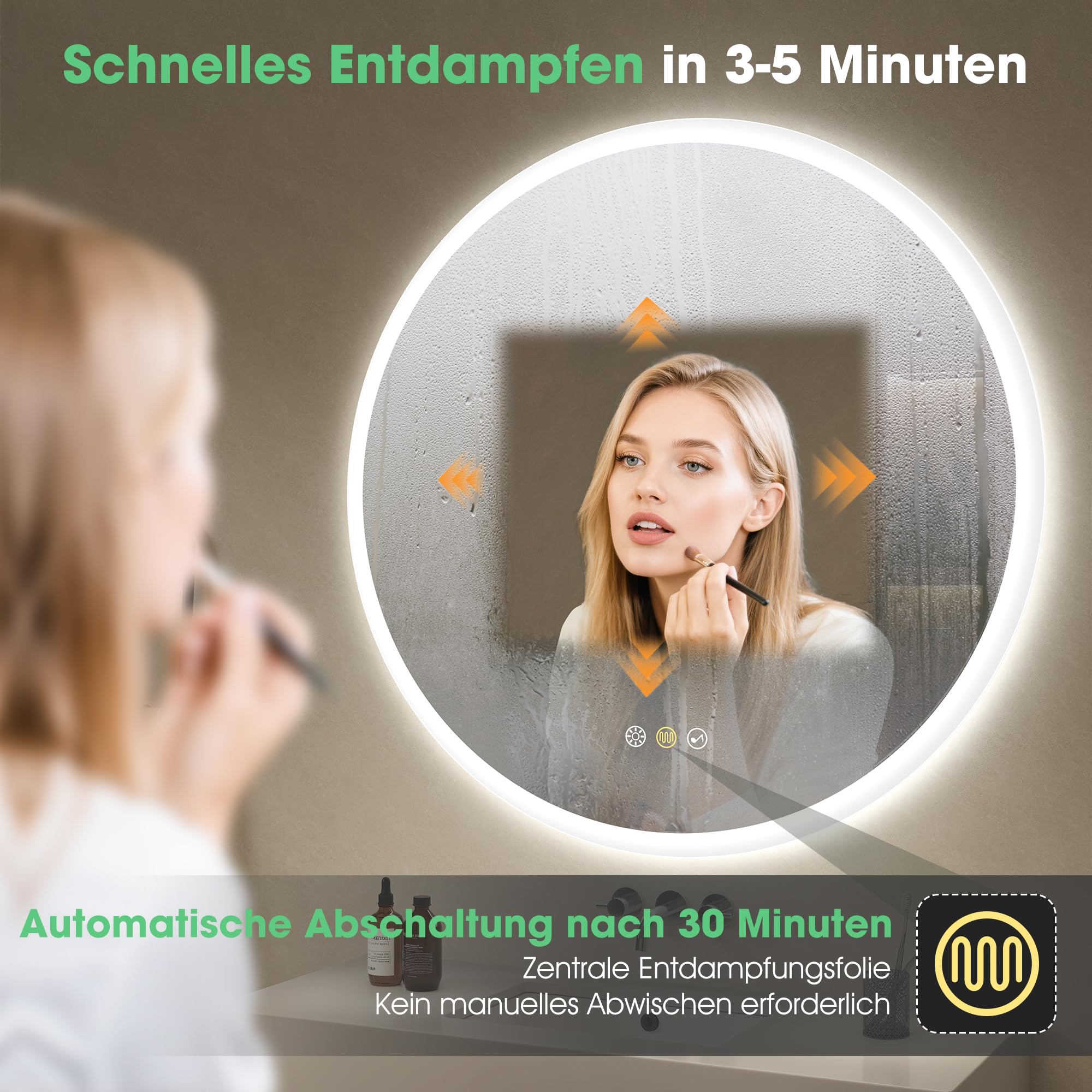 S'bagno Runder-Badspiegel-mit-Beleuchtung-60cm, Badezimmerspiegel-mit-Beleuchtung-und-Bluetooth, Entfoggen, 3000K/4000K/6500K, Dimmbar, HD-gehärtetes Glas, Speicherfunktion, IP44