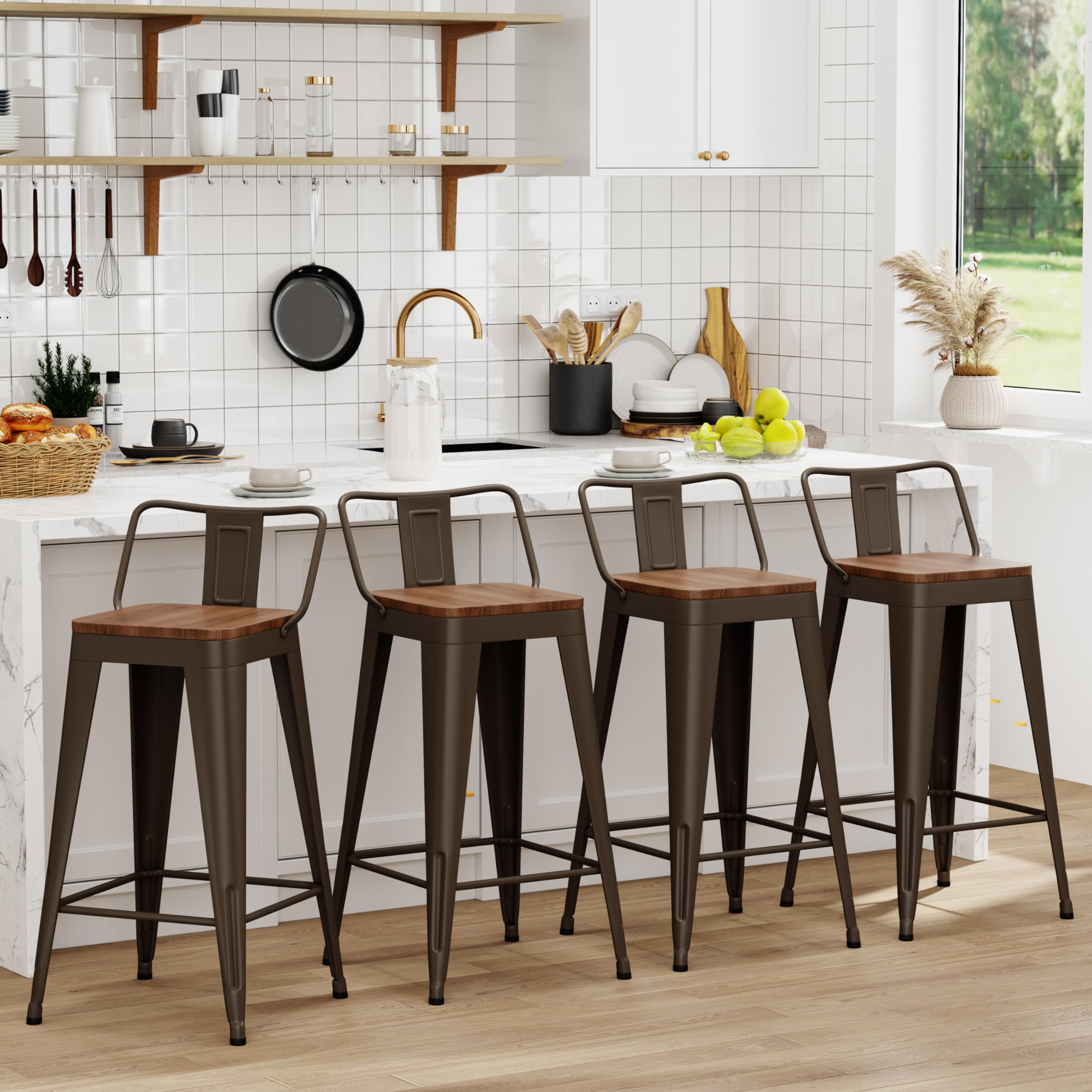 WENTMENT Bar Stools Set of 4 Counter Height Bar Stools Metal Barstools with Removable Back 26" Kitchen Bar Stools with Wooden Seat, Rusty