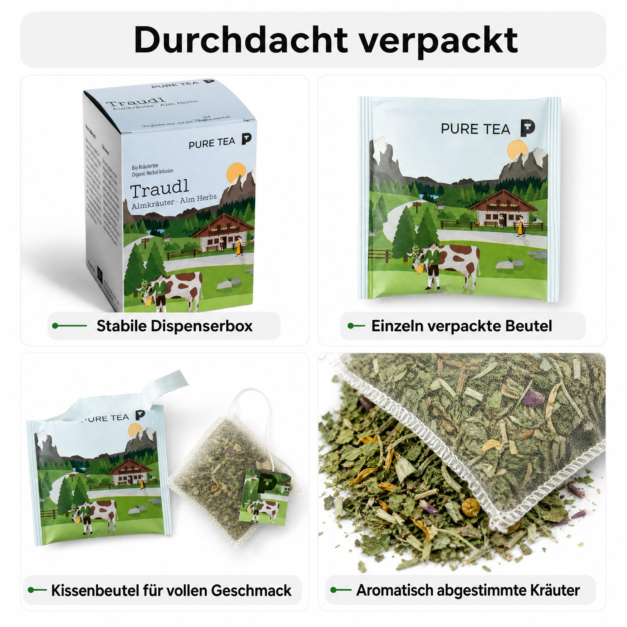 6 x PURE TEA Traudl Premium Kräutertee Almkräuter, koffeinfreier Alpenkräuter Tee als Kräutermischung mit Spitzwegerich, Apfelminze & Melisse, einzeln verpackte Kissenbeutel in Dispenserbox