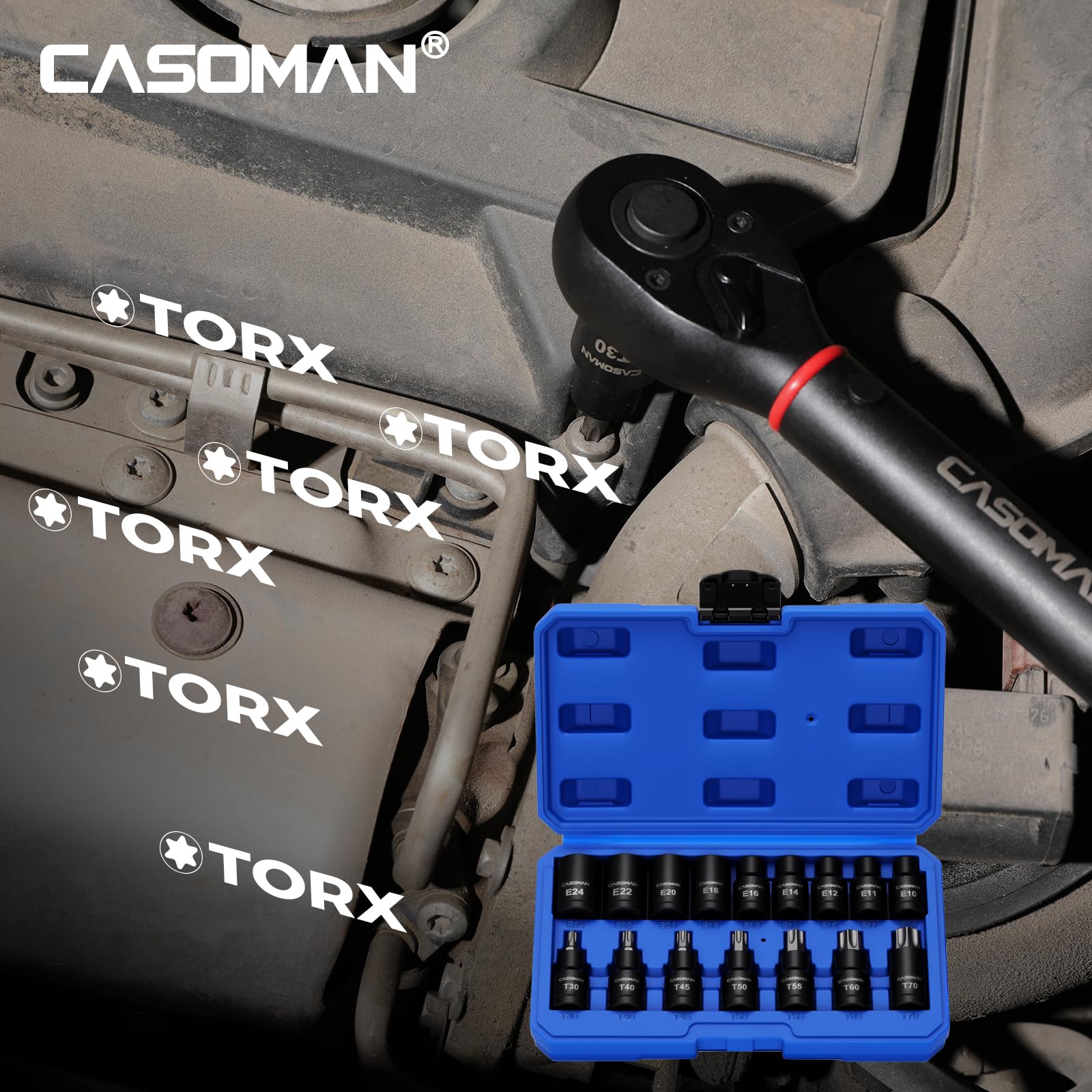 CASOMAN Set di 16 punte TorxBit da 1/2", Torx/Star: T30 T40 T45 T50 T55 T60 T70; E-Torx: E10 E11 E12 E14 E16 E18 E20 E22 E24; CR-V e S2