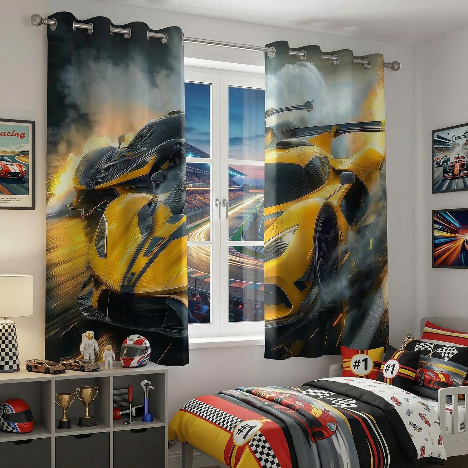 Race Car Blackout Curtains for Girls Boy Home Decor, Extreme Sports Race Competition Kids Grommet Thermal Insulated Drapes Darkening Window Curtain for Bedroom Living Room, 42 x 63 Inch