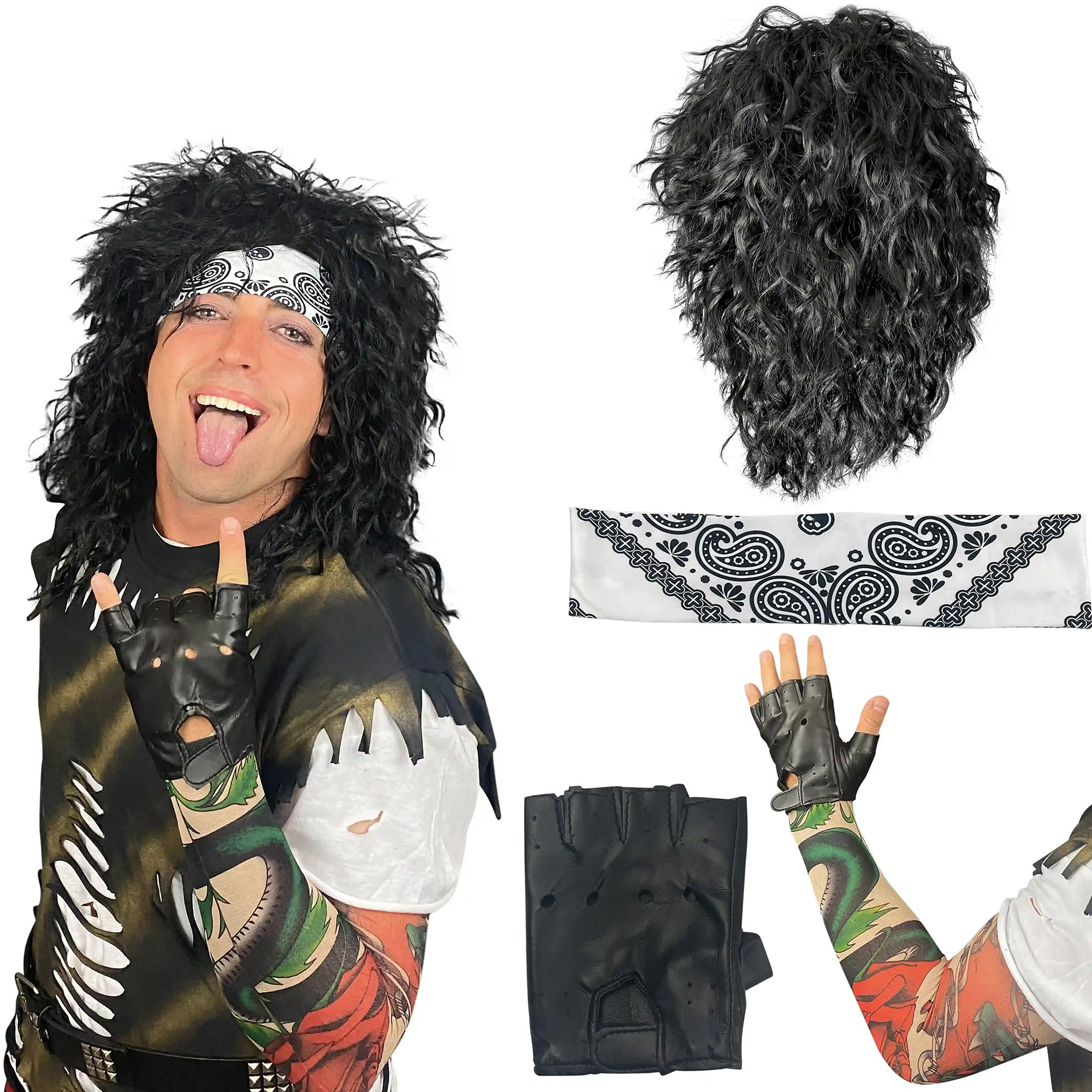 Sponsored Ad - 80s Rock Star Costume Men – Black Wig with Headband, Tattoo Sleeve & Glove – 80's Rocker Outfit for Men, Rockstar Wig, 1980s Costumes for Adults, Halloween Cosplay