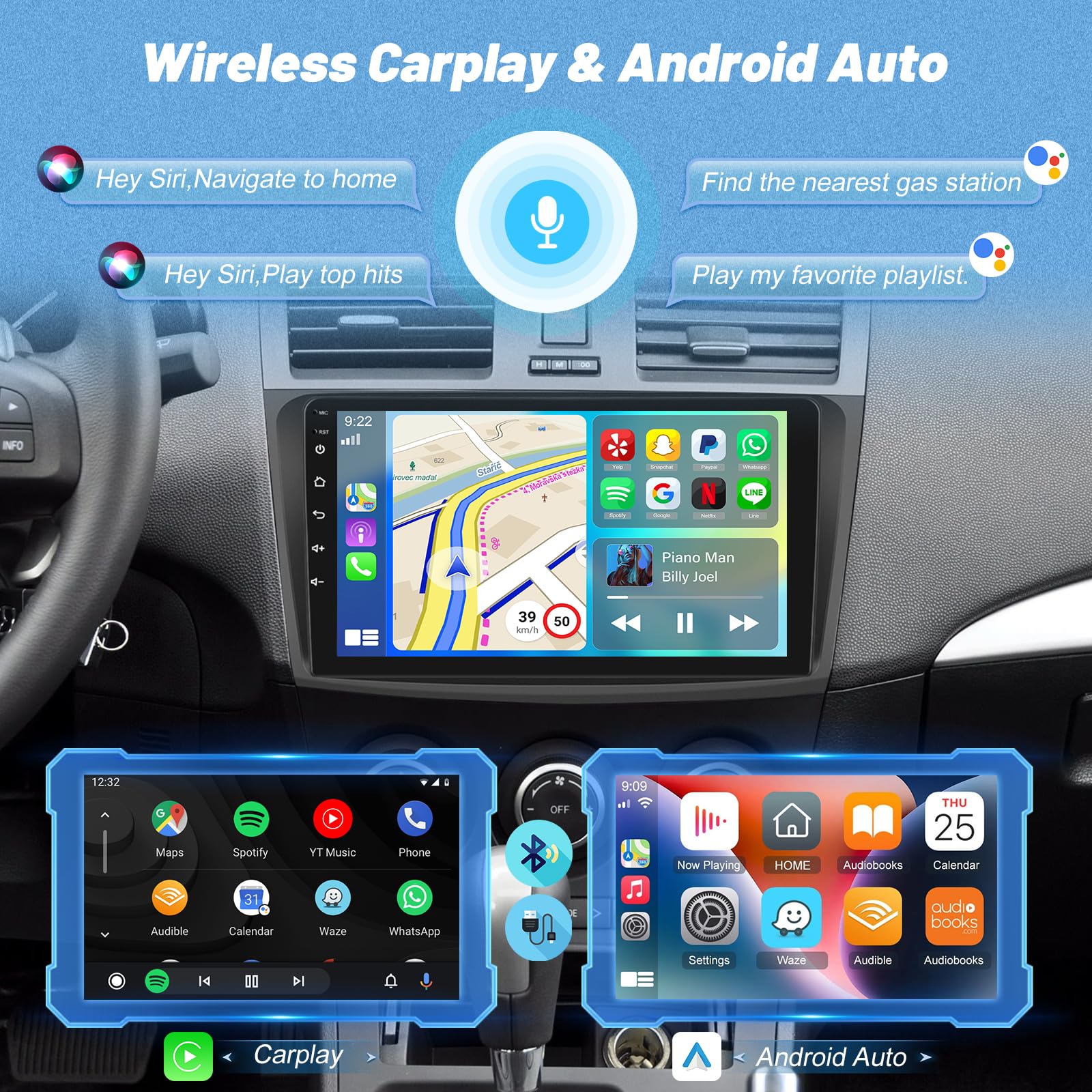 Android Autoradio pour Mazda 3 2009-2013 avec sans Fil Carplay et Android Auto, Écran Tactile HD de 9 Pouces avec GPS/WiFi/Bluetooth/EQ/FM RDS