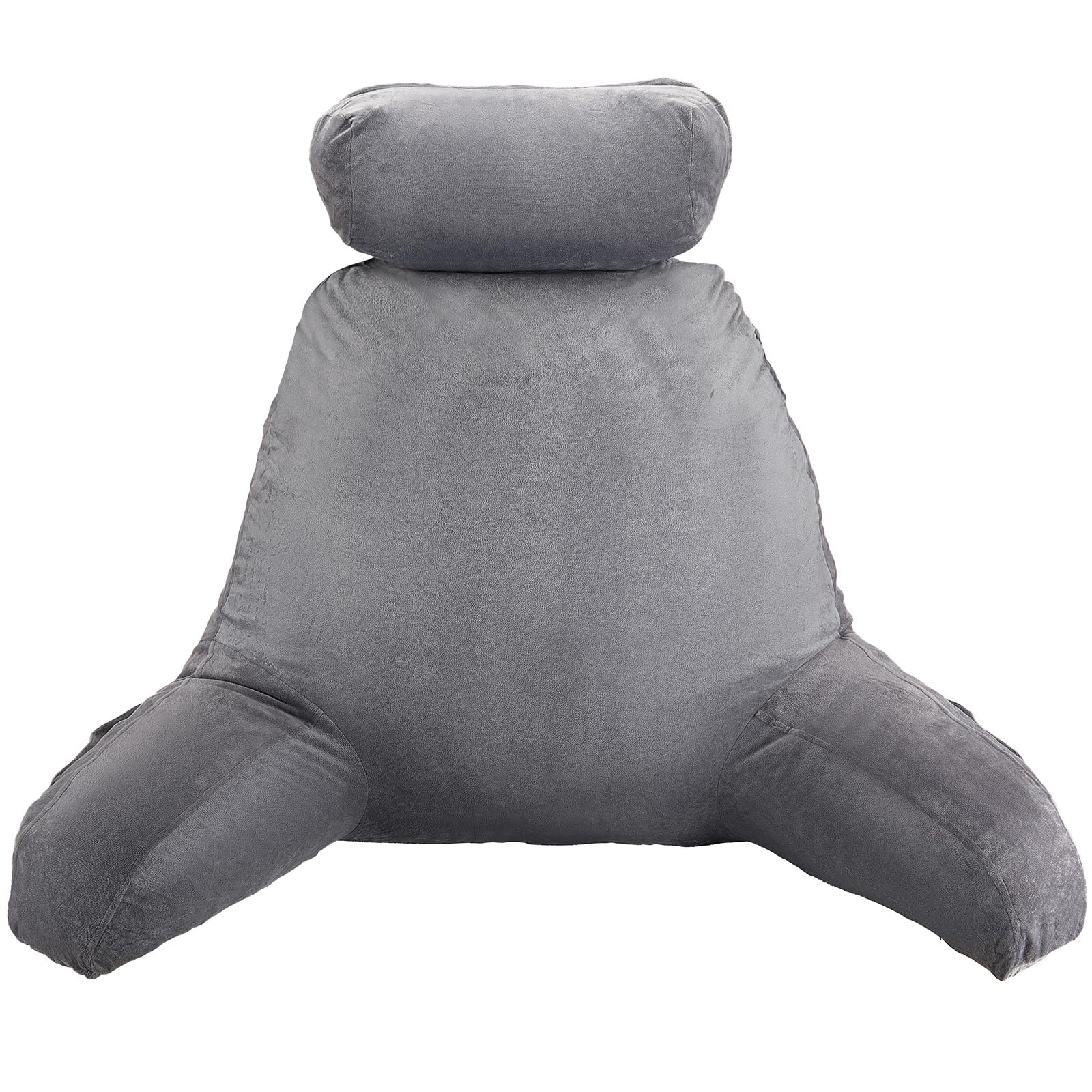 VEVOR Coussin de lecture avec appui-tête amovible, grand oreiller de lecture en mousse à mémoire de forme, avec 3 poches et tissu en velours court lavable, côtés avec poignée, pour lire et jouer, gris