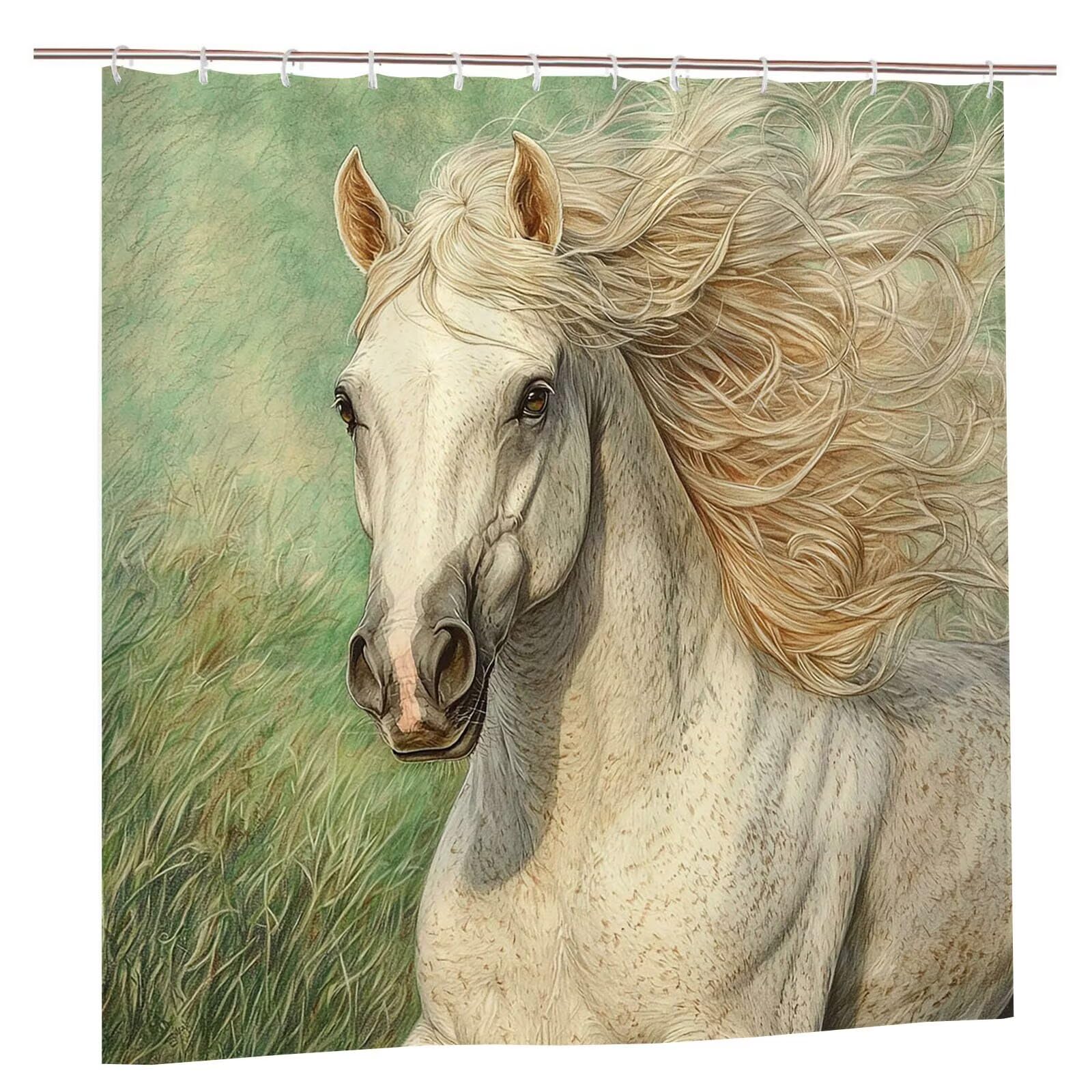 Rideau de Douche cheval blanc 180 x 240 cm Polyester Anti Moisissure Lavable Imperméable Tissu Rideaux de Douche avec 12 Crochets Baignoire pour Salle de Bain Domicile Cabine de Douches, Hôtel n-19