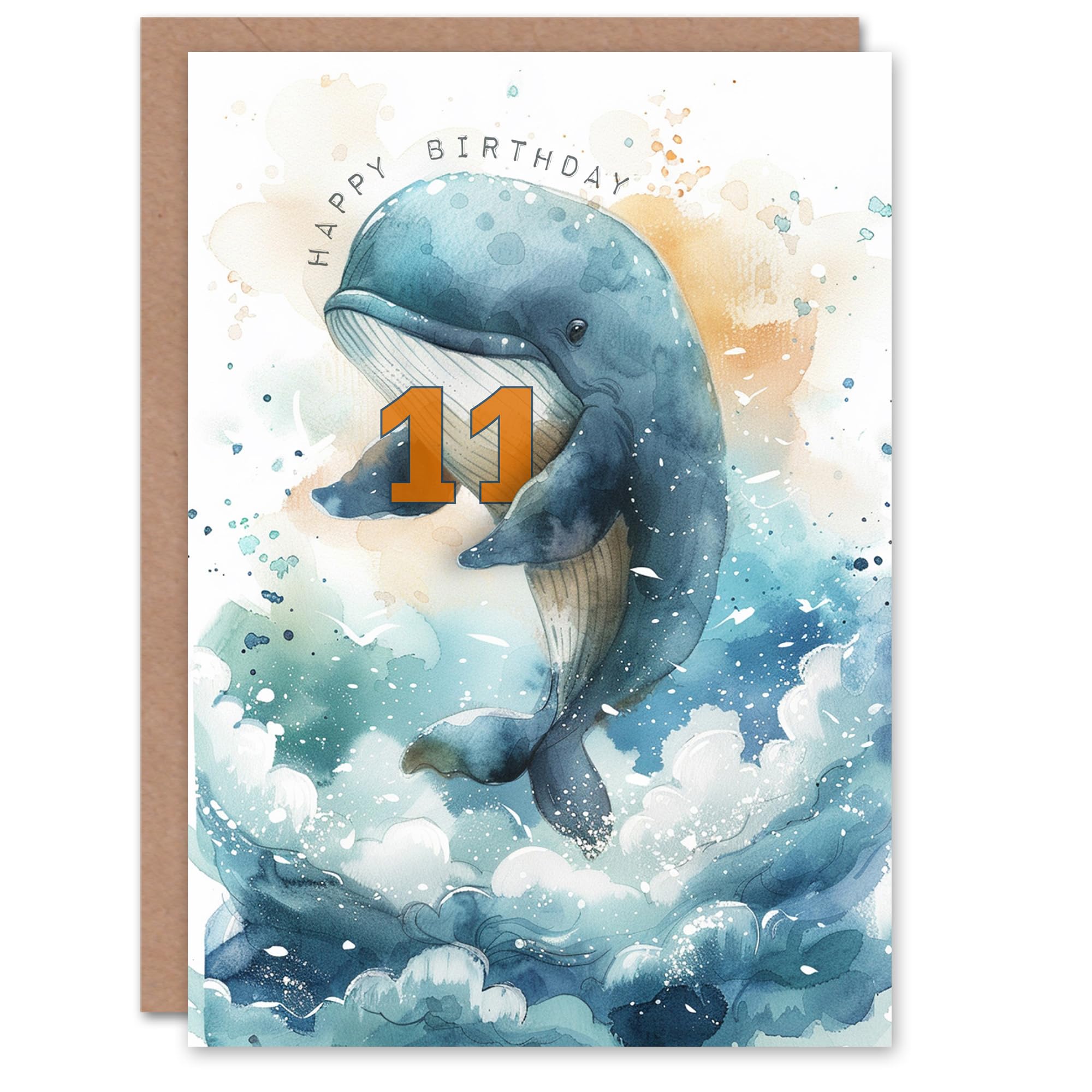 Artery8 11th Birthday Card Cute Whale Wave Jump Illustration Kids Age 11 Year Old Child For Son Daughter Girl Boy Happy Card