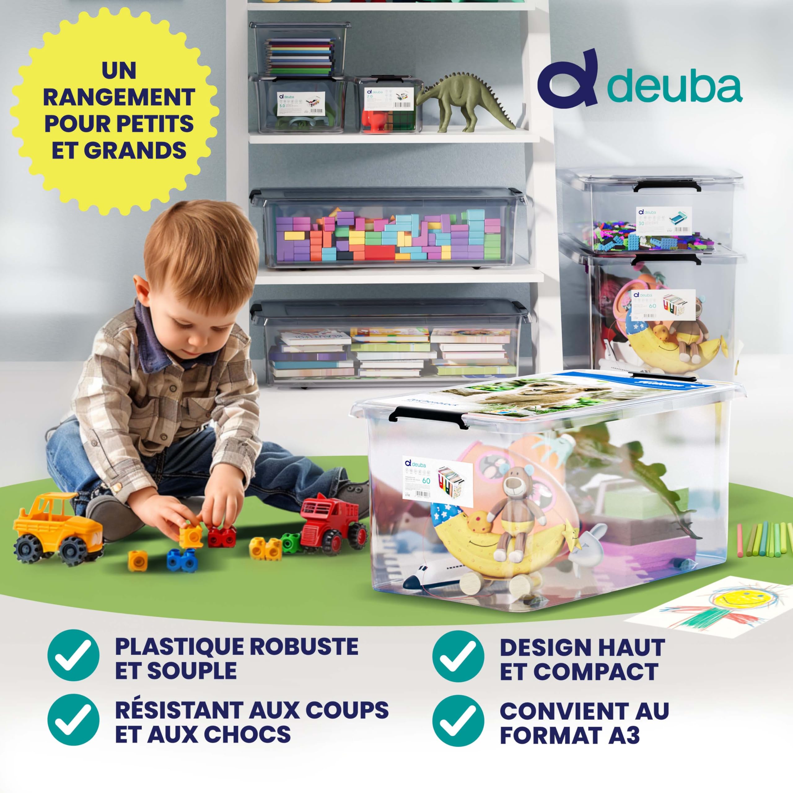 Deuba® 4X Boîte de Rangement 60L en Plastique Transparent empilable sans BPA Gain de Place Caisse de Rangement roulettes