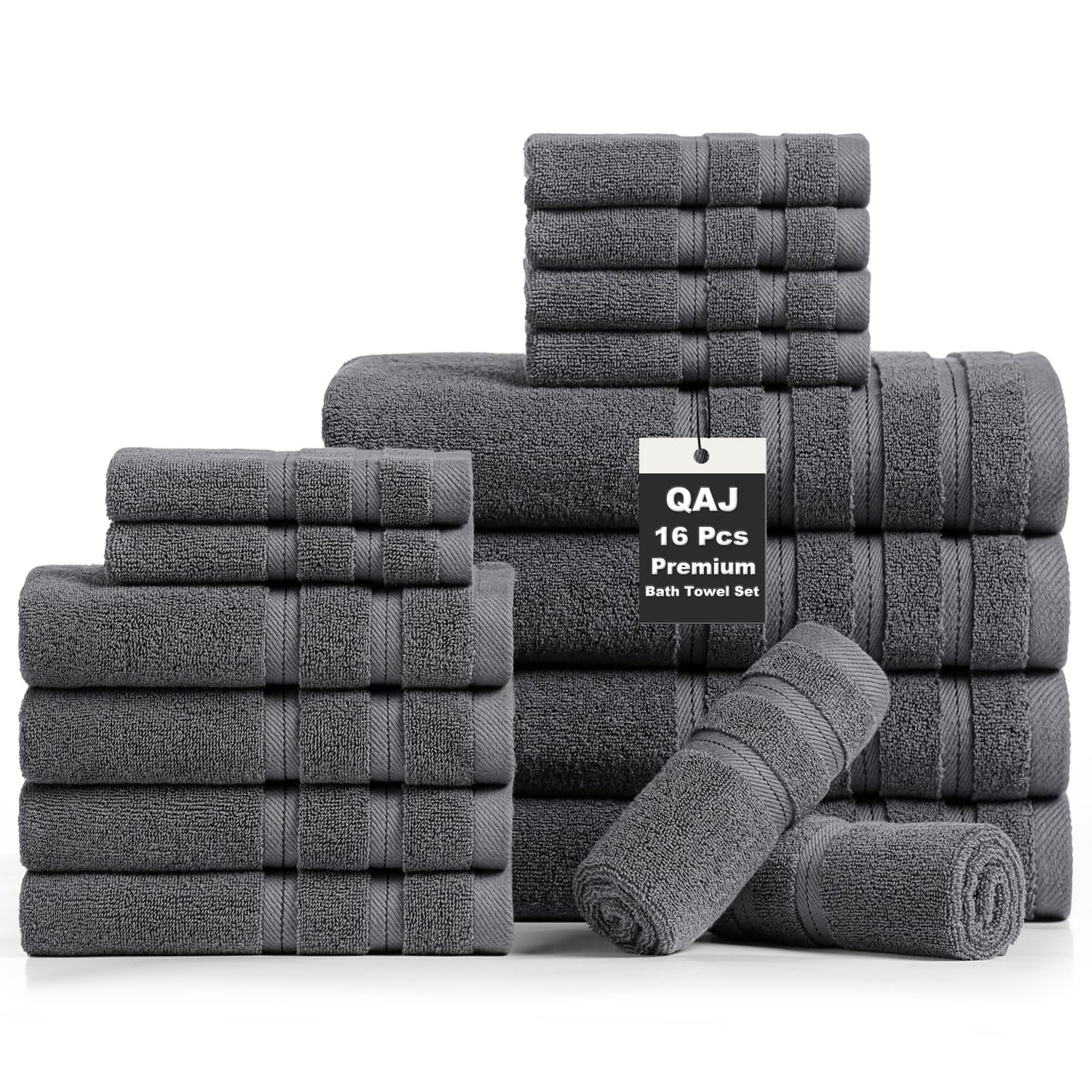 16-Piece Bath Towels Set, 100% Cotton Thick Soft Highly Absorbent Durable, Quick Dry, Bathroom Towels Set (4 Bath Towels, 4 Hand Towels, 8 Washcloths)