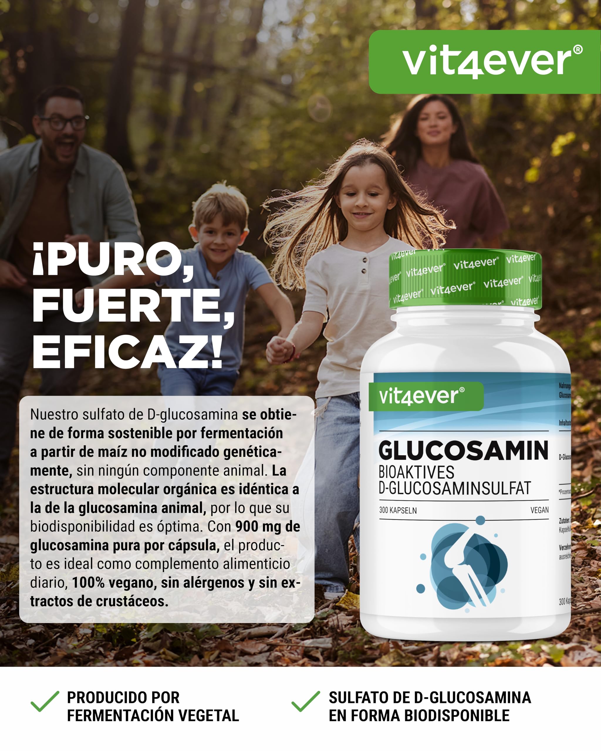 Glucosamina 900mg - 300 cápsulas - sulfato de D-glucosamina bioactivo de fermentación - sin aditivos indeseables - alta dosis - vegano