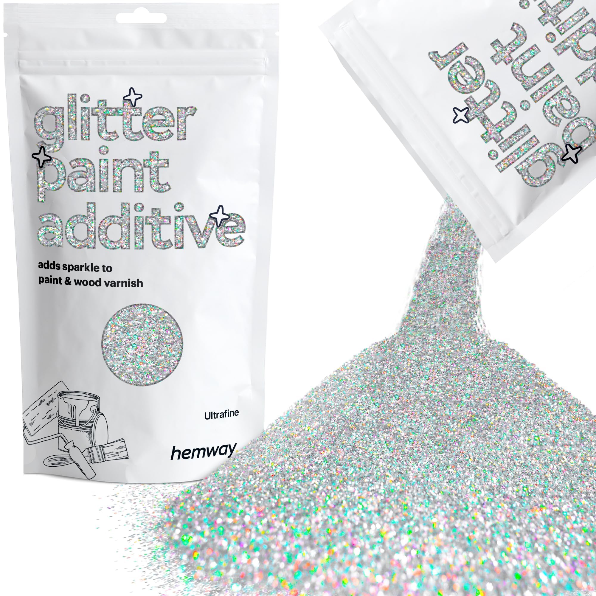 Silver Holographic Glitter Paint Additive 100g for Adding Sparkle to Paints & Varnish | Paint Walls Sparkly Add to Emulsion, Acrylic or Lacquer Indoor | Hemway