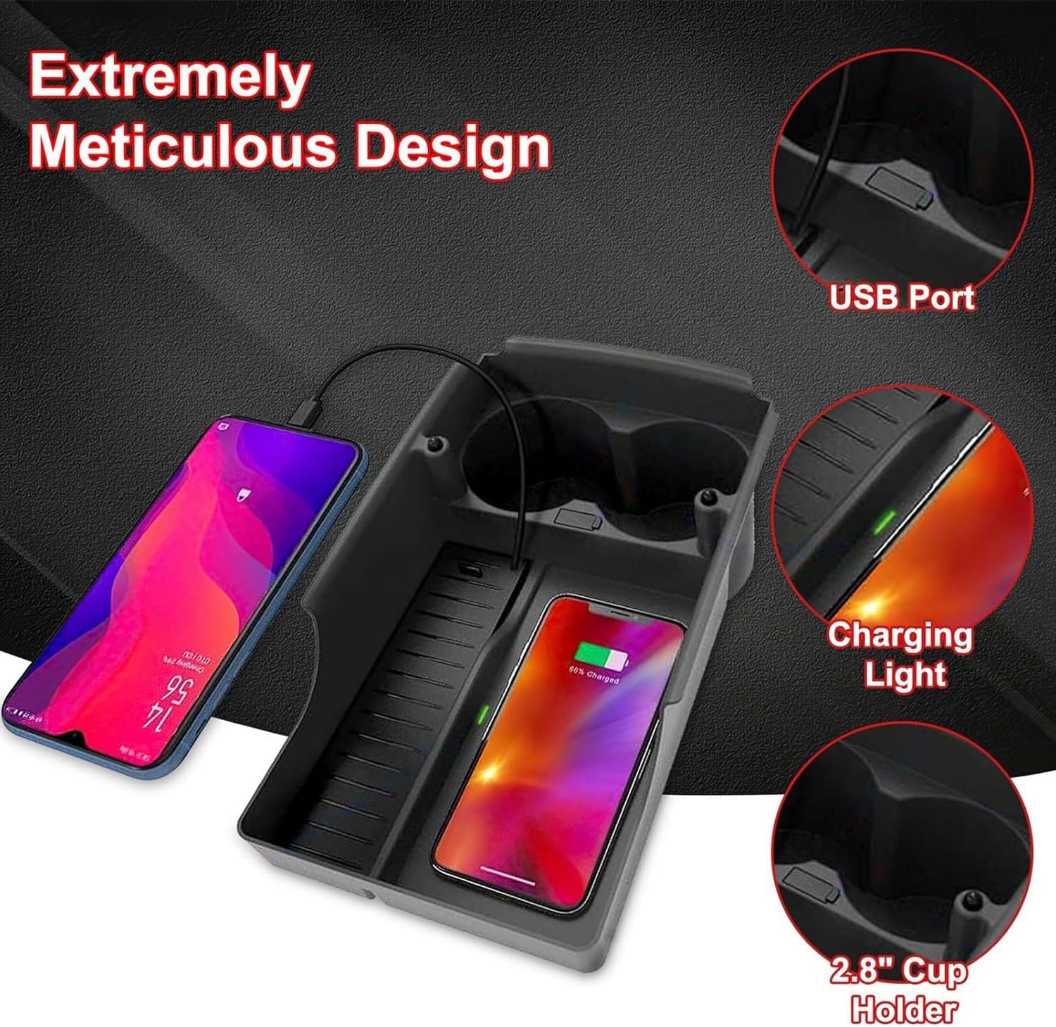 Car Phone Wireless Charger for Tesla Model S/Model X 2016.10-2019, OEM Style Center Console Organizer Phone Fast Charging Tray and Water Cup Holder Storage Box Interior Accessories