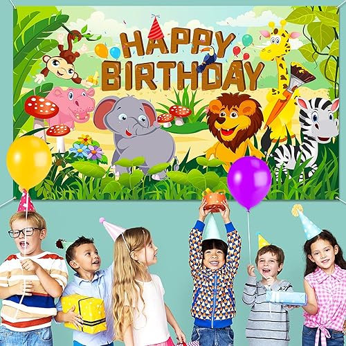 Miniatura 8 de HOWAF Cartel de tela de feliz cumpleaños para decoración de fiesta de cumpleaños con temática de animales de la selva, decoración de fondo de pared