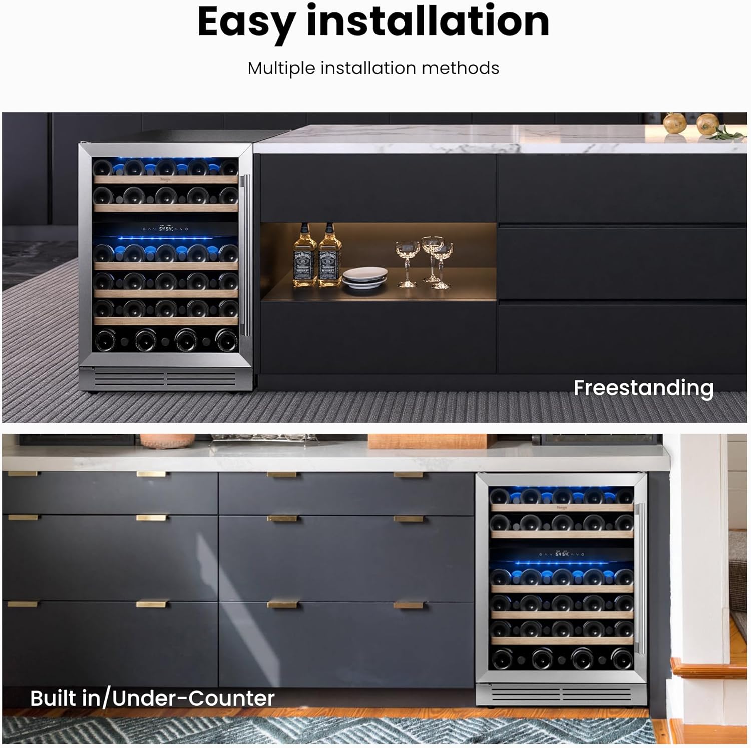 Yeego 24 Inch Wine Fridge Cooler - 52 Bottles Dual Zone Wine Cooler with Glass Door, 40-65℉ Built-In or Freestanding Refrigerator, Under Counter Wine Fridge for Kitchen Bar Office (Left-Hinged)