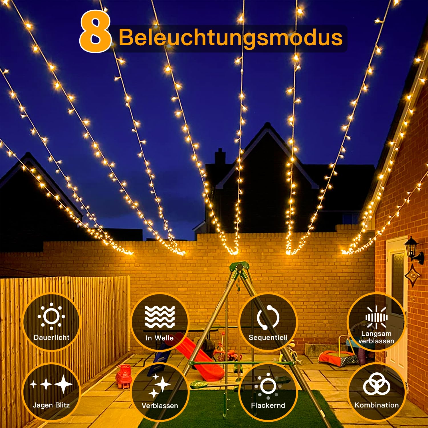 Ollny Cadena de luces para exteriores, 60 m, 600 LED, cadena de luces con mando a distancia, 8 modos, temporizador, IP44, impermeable, cadena de luces para exteriores, para fiestas, bodas, Pascua