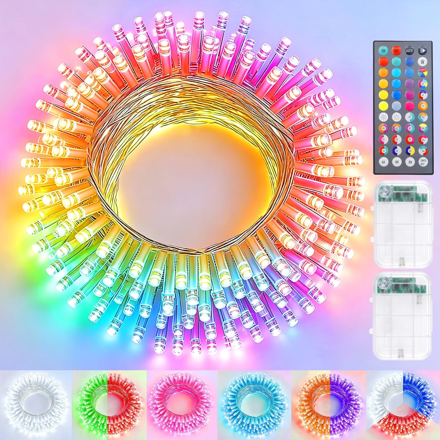 2 Pack Color Changing String Lights Battery Operated, Total 66.6ft 200 LED 34 Colors Battery Christmas Lights with Remote Indoor Outdoor Decorations Bedroom Classroom Porch Party Yard Decor